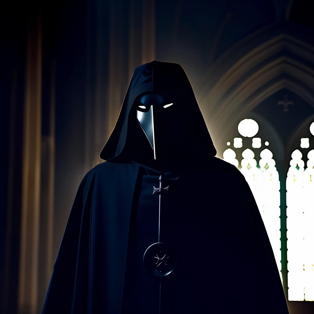 A  plague doctor in an medieval cathedral,   occult, dark theme, volumetric light, natural light, eyes hidden, dark lighting, gloomy