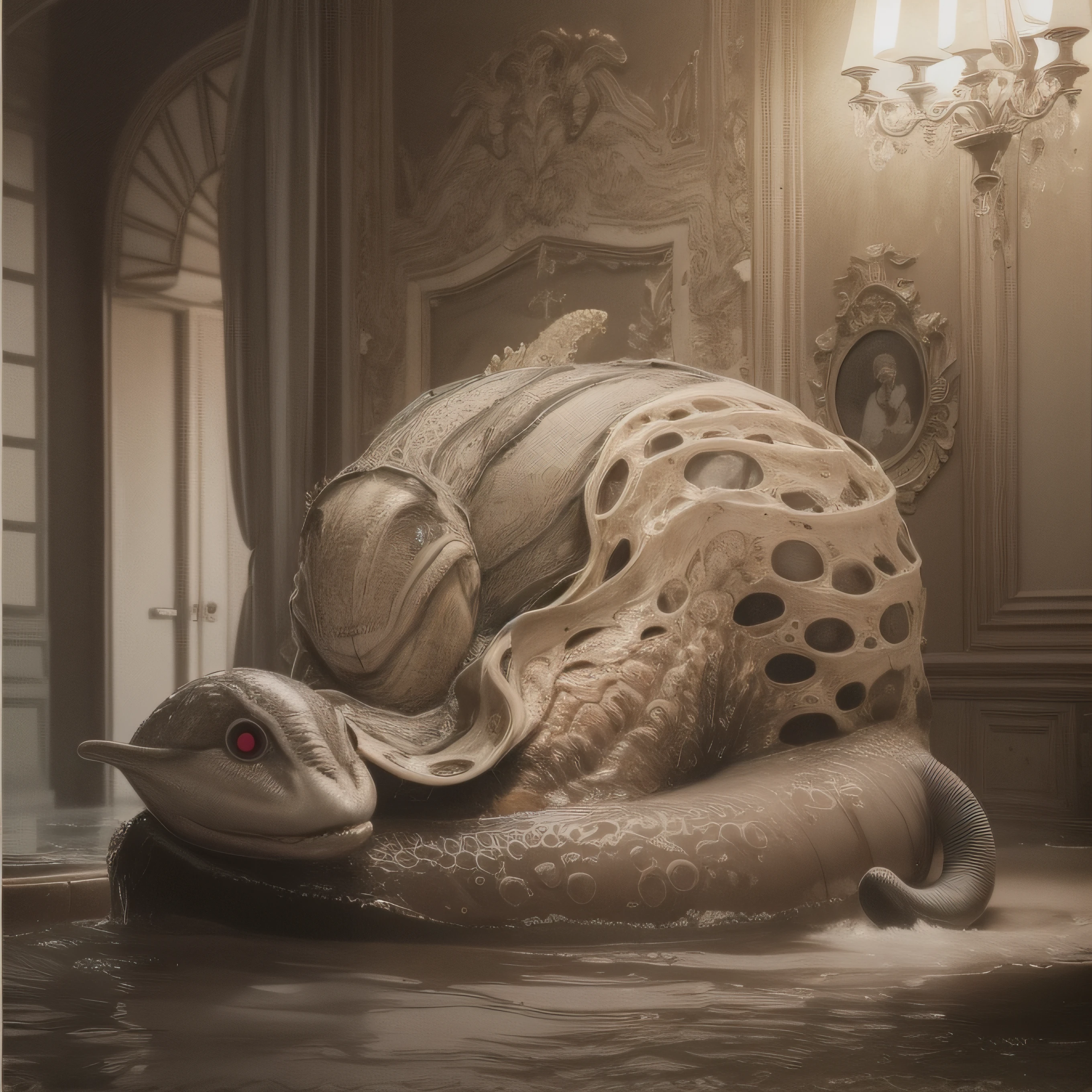 (extremadamente detallado, obra maestra, La mejor calidad), Estilo oscuro, intense illumination, rostro con arrugas, lengua larga, tentacle, deforme, monstruoso, interior de una piscina de agua verdosa, imagen submarina, alien con Colmillos finos, pico de pulpo amenazante. manchas de tinta. Rococo composition. Luz de caravaggio