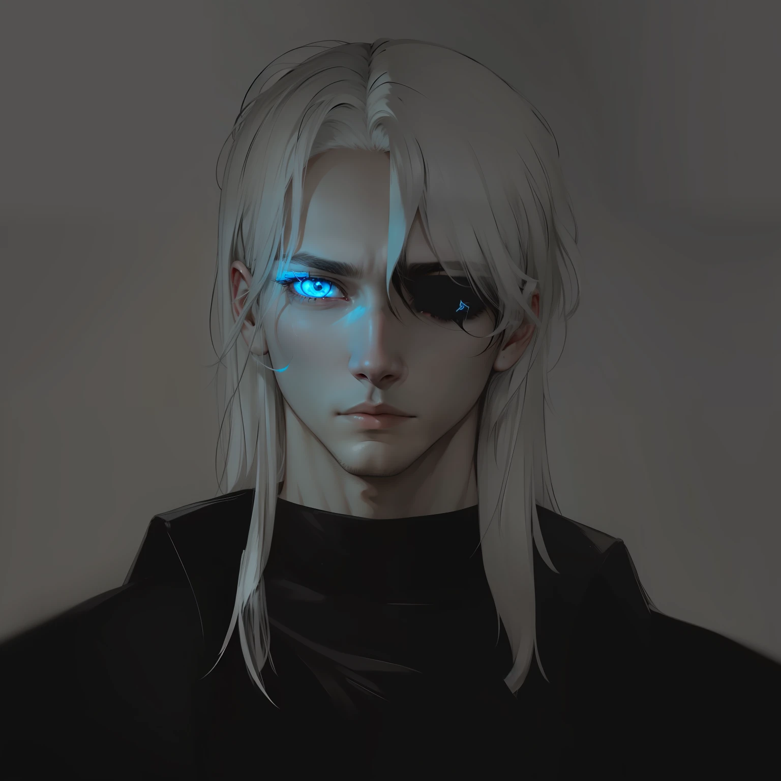 One of his eyes is blue and shines and gives light, the other eye is black and there is nothing in it, half of his face is dark and the other is light, long white hair, high quality, male