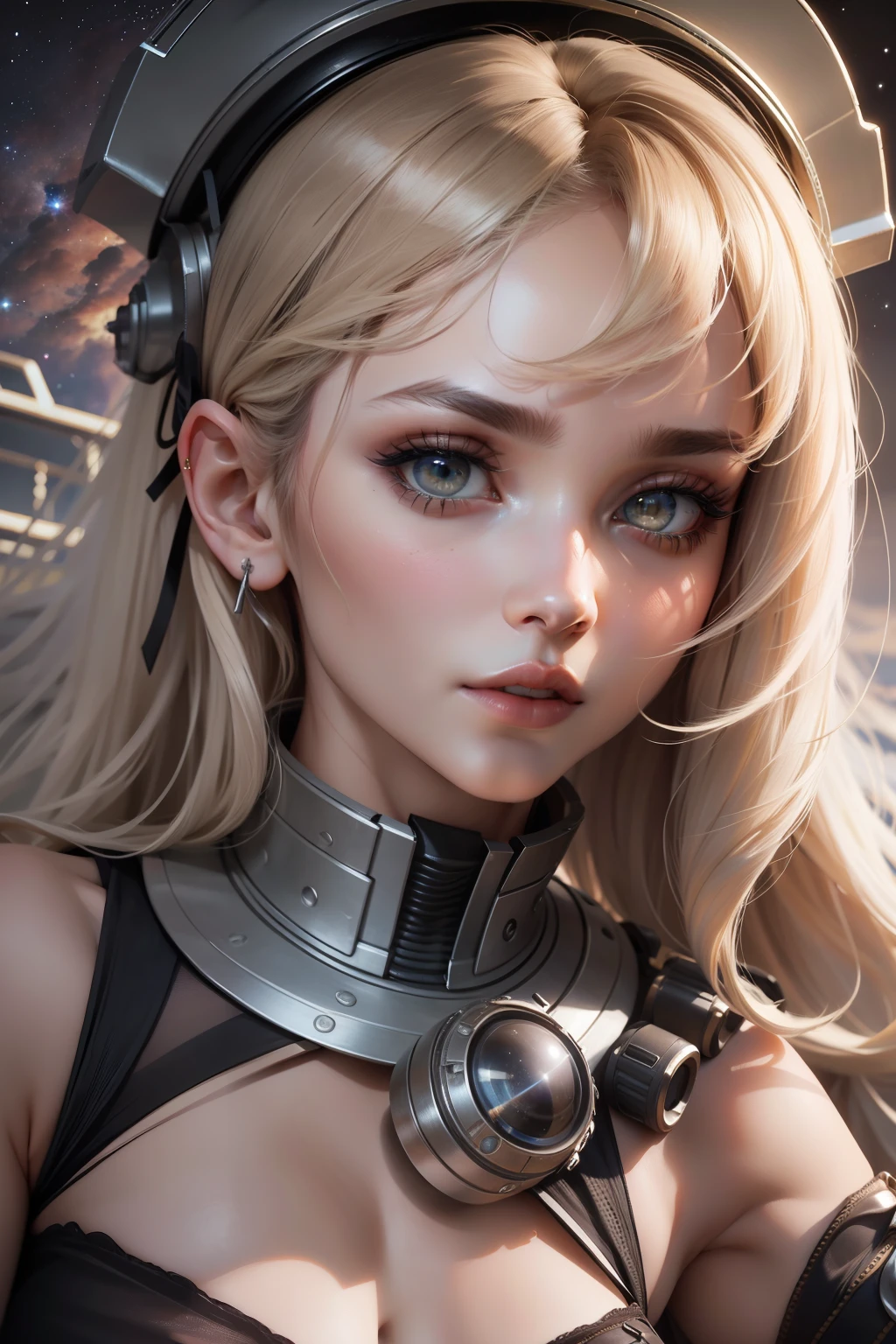 (master part, melhor qualidade:1.2), Altas, HDR, foco solo, dynamic lighting, Volumatic lighting, altamente detalhado, Sharp details, foco nítido, cinemactic, majestoso, anatomia perfeita, 1girl, ciborgue, cabelo longo preto, franja contundente, olhos perfeitos, rosto perfeito, delineador, maquiagem, seios grandes, cintura fina, quadris largos, (camelo:1.2), pubic hair, coxas grossas, space station background