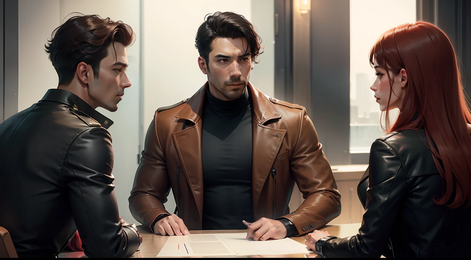 A male detective in brown coat, talking to a men wearing black shirt, and a women wearing red clothes.