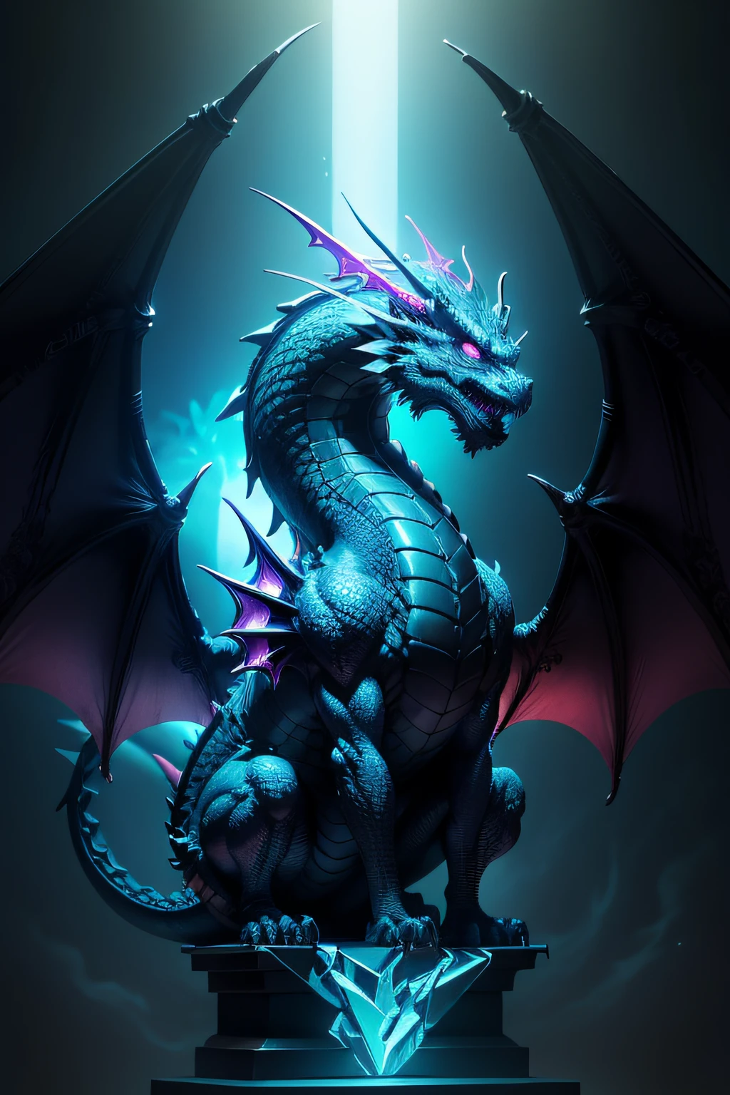 Dragon statue, neon lights, Neon style, Beautiful facets, Clear Focus