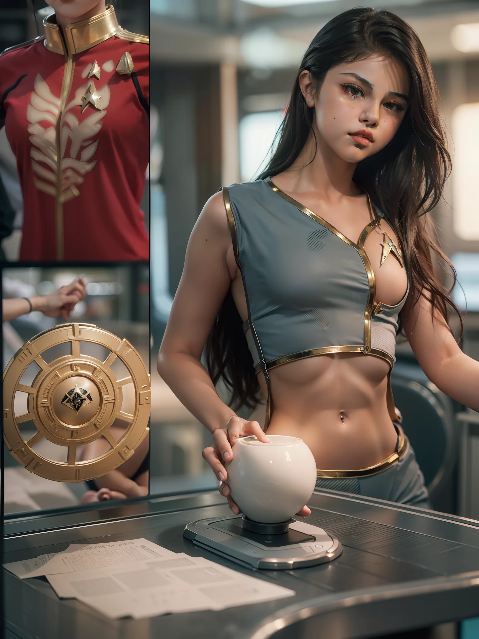 Meisterwerk, ((Foto von Selena Gomez)), Sternenflotten-Akademie, Ultra-detailliert, ultra realistisch, ((Uniform ist eine Mischung aus Star Trek und Baywatch, cleavage, In einem Raumschiff)),