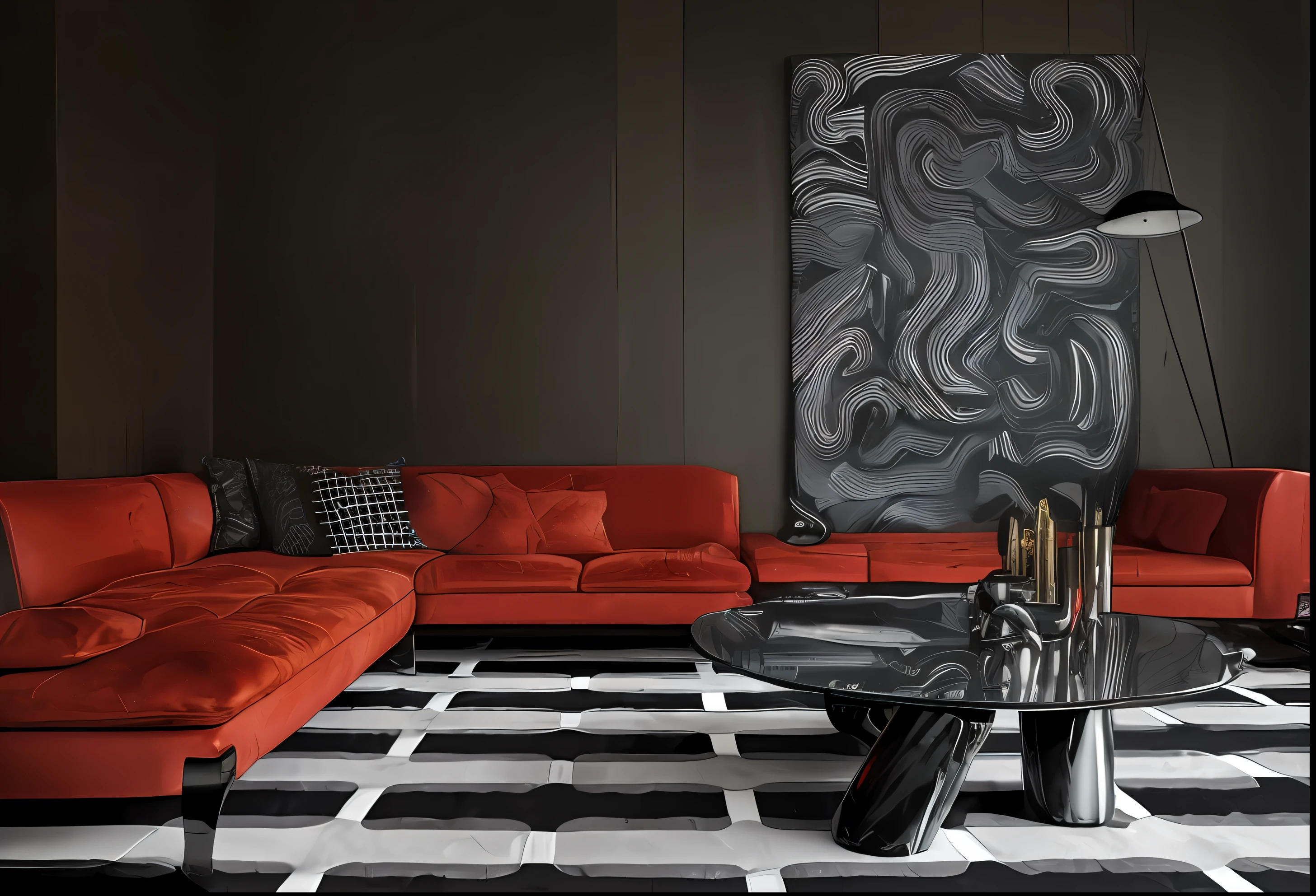 a close up of a living room with a couch and a table, red and black colour scheme, red and black color scheme, inspired by Emilio Grau Sala, black and red color scheme, rich deep colors a masterpiece, dominating red color, maximalist sculpted design, rich deep colors. a masterpiece, red white and black color scheme, rich deep colours masterpiece