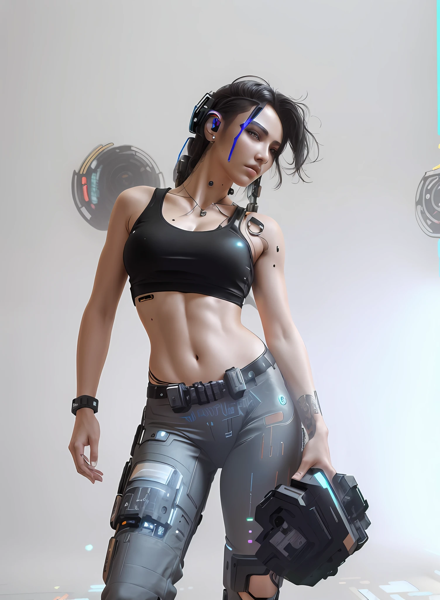 ((Best quality)), ((masterpiece)), (highly detailed:1.3), .... 3D, beautiful (cyberpunk:1.3) , Stylish woman looking at camera, black pants, black t-shirt