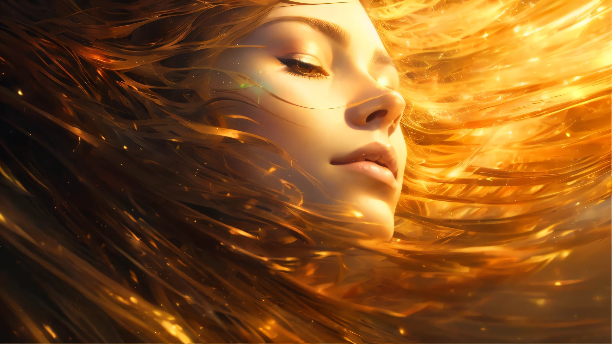 arafed image of a woman with long hair blowing in the wind, beautiful fantasy art portrait, karol bak uhd, beautiful gorgeous digital art, gorgeous digital art, very beautiful digital art, glowing flowing hair, glowing golden aura, beautiful digital art, karol bak and peter mohrbacher, breathtaking digital art, glowing magical shiny skin, flowing glowing hair