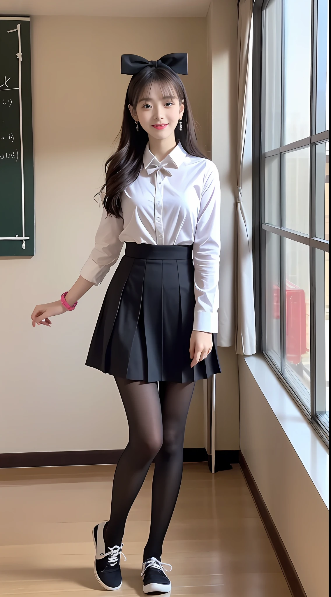 (Pure and cute Chinese high school student 1.5),(true to life,Photorealistic 1.5),((best qualtiy, 8K, tmasterpiece:1.3)),SLR camera (二重まぶた,largeeyes:1.3),(smile1.5),(Full body photo 1.5)(One person 1.5)Clear focus 1.2, Perfect body beauty:1.4 , Delicate skin1.1,(Short silver-white hair 1.6),(Delicate makeup1.4),(Pure desire 1.3)(Black pantyhose 1.5)(The leg length is one meter two,1.5),Hair is slightly curled,White shirt,Bow knot,pleatedskirt,Slender legs,canvas shoe,With earrings,Wristband jade bracelet,School Classroom