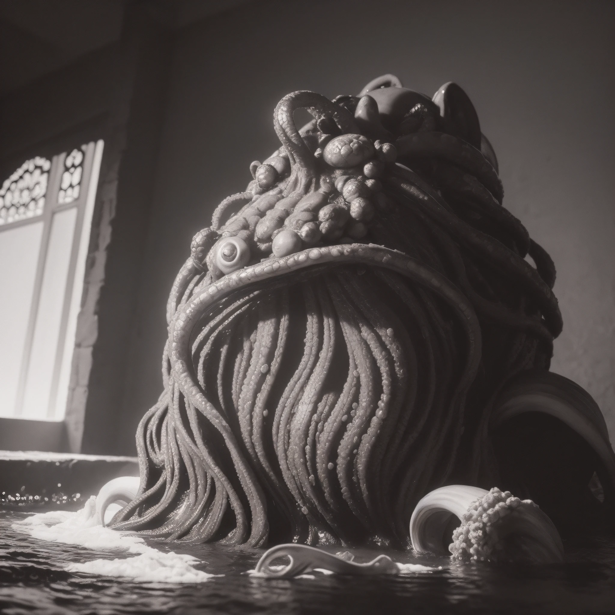 (extremadamente detallado, obra maestra, La mejor calidad), Estilo oscuro, intense illumination, rostro con arrugas, lengua larga, tentacle, deforme, monstruoso, interior de una piscina de agua verdosa, imagen submarina, alien con Colmillos finos, pico de pulpo amenazante. manchas de tinta. Rococo composition. Luz de caravaggio