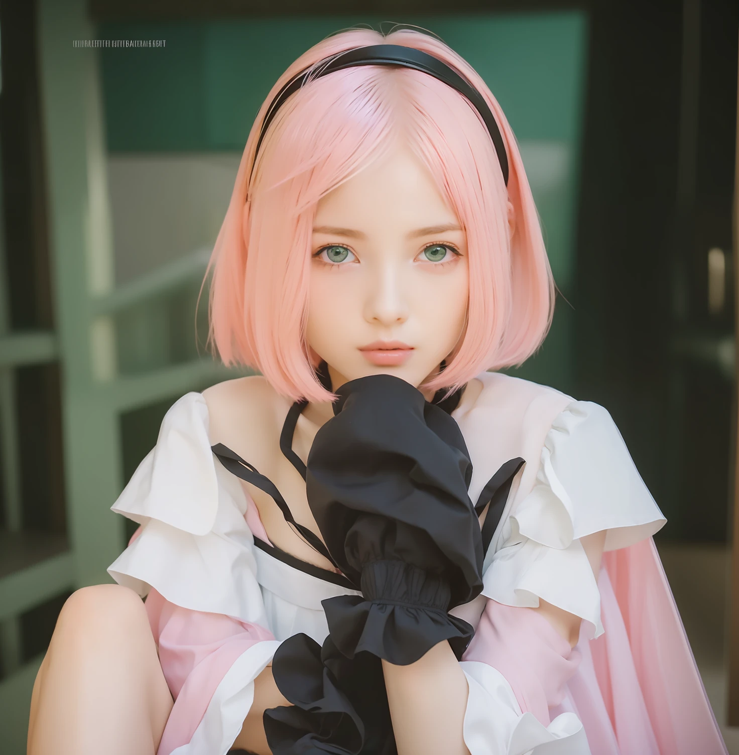 girl, shoulder-length hair, pink hair, cute face, white skin, pink dress, green eyes, wearing black gloves, wearing black shoes, 70mm lens, realistic, ultra detail