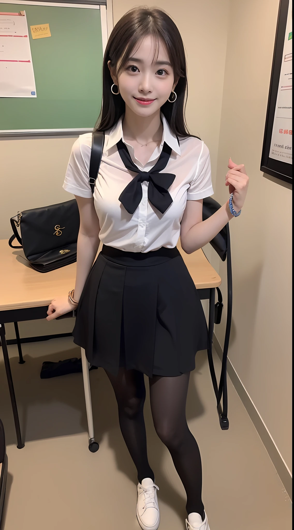 (Pure and cute Chinese high school student 1.5),(true to life,Photorealistic 1.5),((best qualtiy, 8K, tmasterpiece:1.3)),SLR camera (二重まぶた,largeeyes:1.3),(smile1.5),(Full body photo 1.5)(One person 1.5)Clear focus 1.2, Perfect body beauty:1.4 , Delicate skin1.1,(Short silver-white hair 1.6),(Delicate makeup1.4),(Pure desire 1.3)(Black pantyhose 1.5)(The leg length is one meter two,1.5),Hair is slightly curled,White shirt,Bow knot,pleatedskirt,Slender legs,canvas shoe,With earrings,Wristband jade bracelet,School Classroom