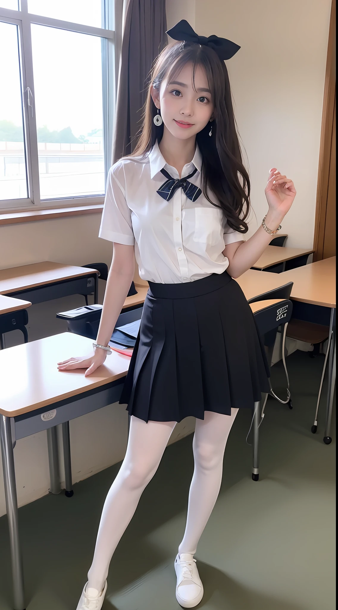 （Pure and cute Chinese high school student 1.5），（true to life，Photorealistic 1.5）,((best qualtiy, 8K, tmasterpiece:1.3)),SLR camera (二重まぶた，largeeyes:1.3),（smile1.5），（Full body photo 1.5）（One person 1.5）Clear focus 1.2, Perfect body beauty:1.4 , Delicate skin1.1，（Short silver-white hair 1.6），（Delicate makeup1.4），（Pure desire 1.3）(Black pantyhose 1.5)（The leg length is one meter two，1.5），Hair is slightly curled，White shirt，Bow knot，pleatedskirt，Slender legs，canvas shoe，With earrings，Wristband jade bracelet，School Classroom