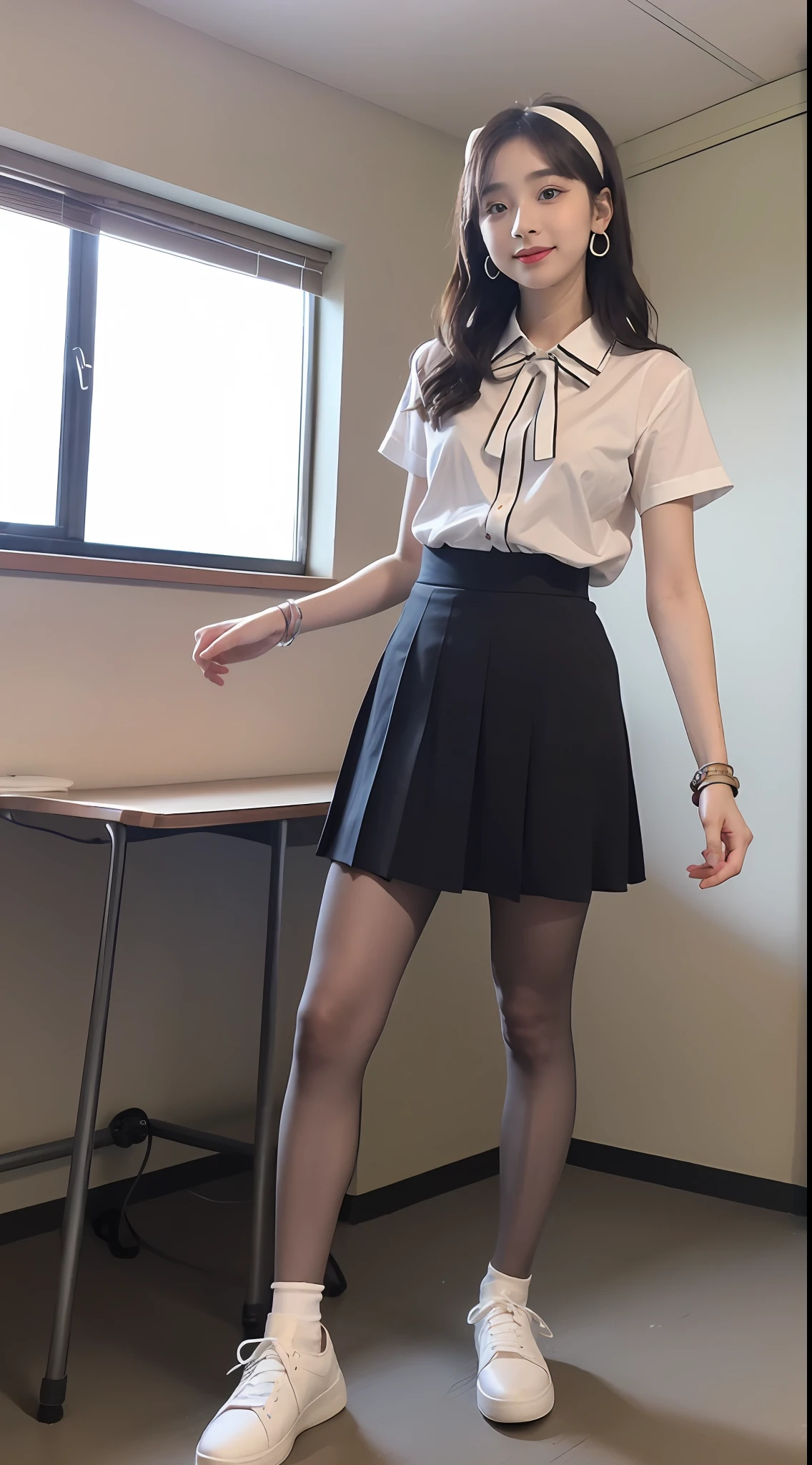 (Pure and cute Chinese high school student 1.5),(true to life,Photorealistic 1.5),((best qualtiy, 8K, tmasterpiece:1.3)),SLR camera (二重まぶた,largeeyes:1.3),(smile1.5),(Full body photo 1.5)(One person 1.5)Clear focus 1.2, Perfect body beauty:1.4 , Delicate skin1.1,(Short silver-white hair 1.6),(Delicate makeup1.4),(Pure desire 1.3)(Black pantyhose 1.5)(The leg length is one meter two,1.5),Hair is slightly curled,White shirt,Bow knot,pleatedskirt,Slender legs,canvas shoe,With earrings,Wristband jade bracelet,School Classroom