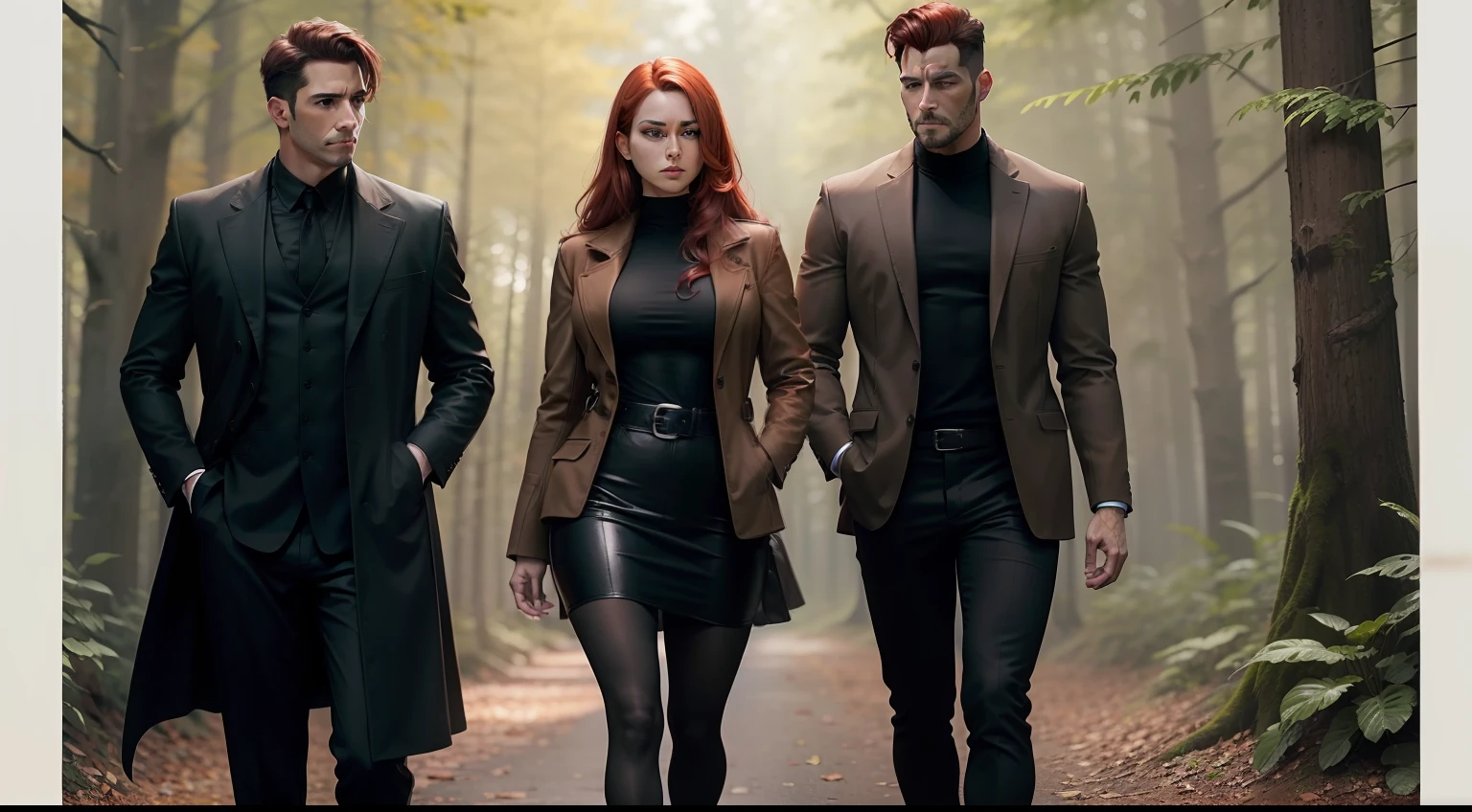 A male detective in brown coat, with a men wearing black shirt, and a women wearing black clothes with red hair, in a forest.