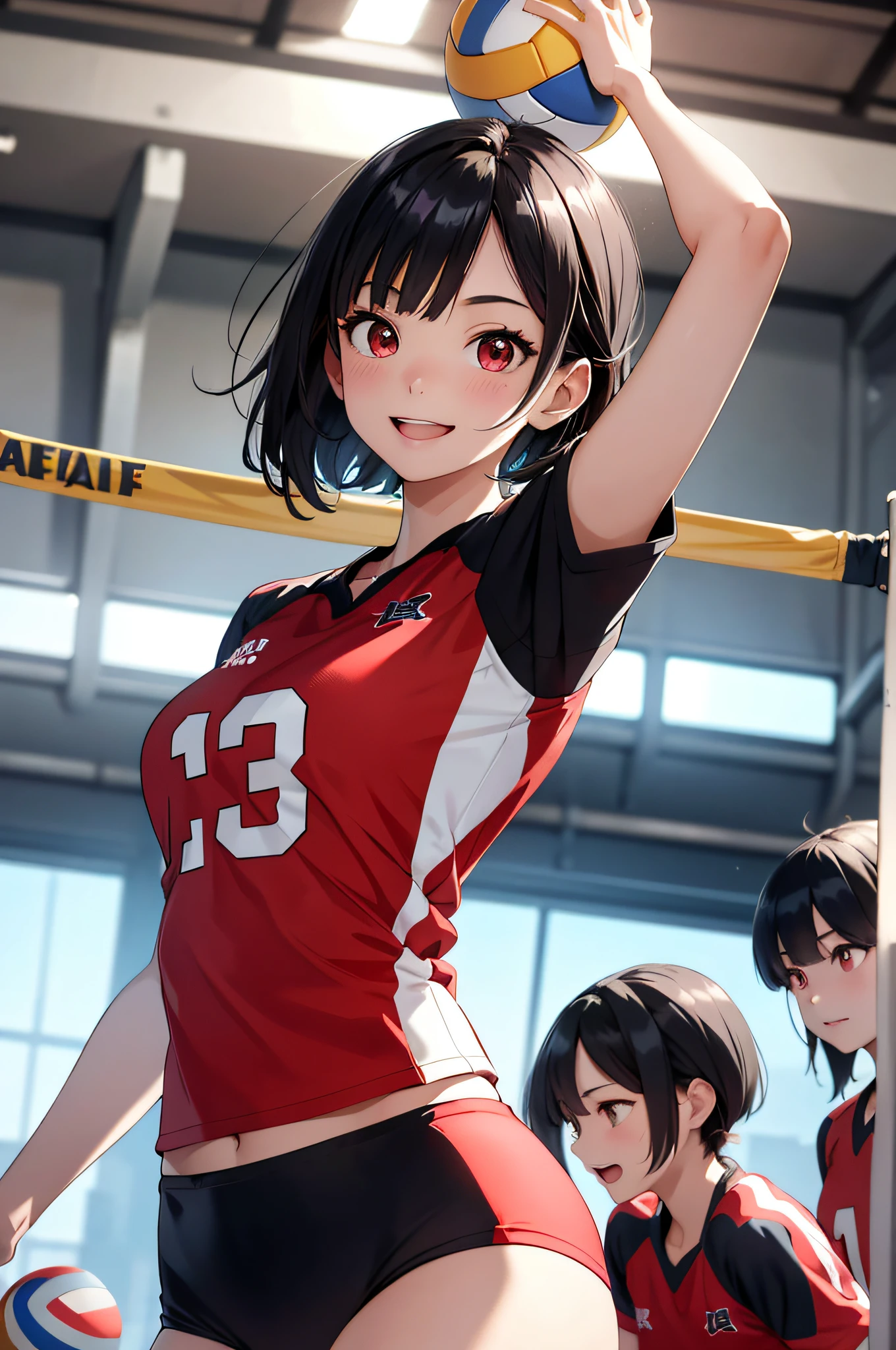 (top-quality、in 8K、32K、masterpiece、UHD、超A high resolution、Impresionismo、Photorealsitic:1.2)、Full body, Inside the gymnasium、Volleyball court、beauitful face、blurry backround、16-year-old beautiful girl、shinny skin、bob cuts、Beautiful black hair、Red eyes、Floral hair ornament、Volleyball Uniforms、raise arms、Smile with open mouth、Curve、