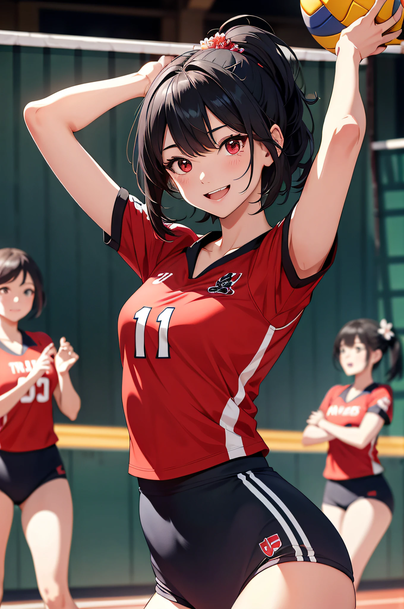 (top-quality、in 8K、32K、​masterpiece、UHD、超A high resolution、Impresionismo、Photorealsitic:1.2)、Full body, Inside the gymnasium、Volleyball court、beauitful face、blurry backround、16-year-old beautiful girl、shinny skin、bob cuts、Beautiful black hair、Red eyes、Floral hair ornament、Volleyball Uniforms、raise arms、Smile with open mouth、Curve、