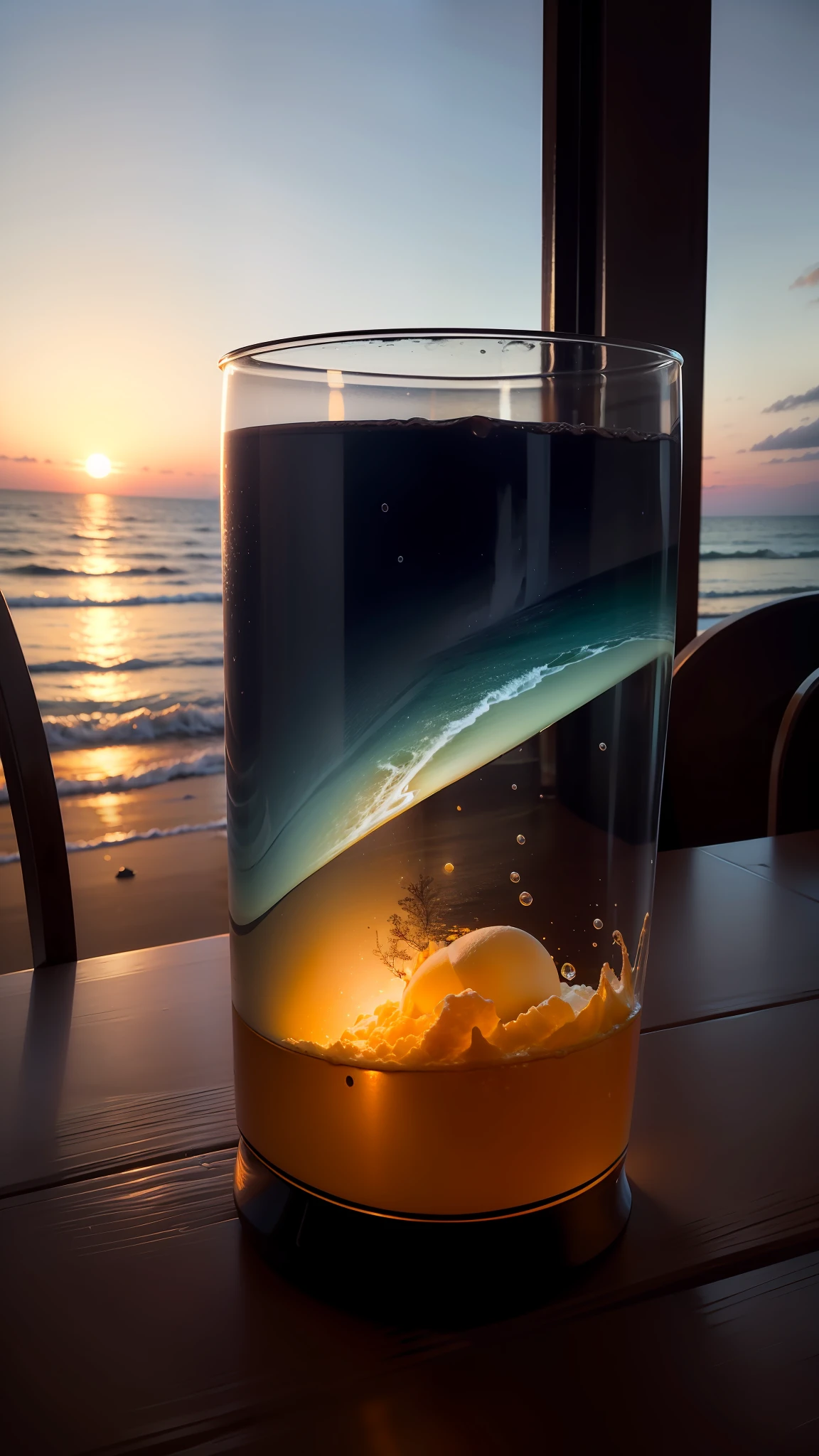 (melhor qualidade), 8k, intrincado, as realistic as possible, em uma varanda de restaurante, de frente ao mar, a noite, com luzes de cores frias, alto contraste