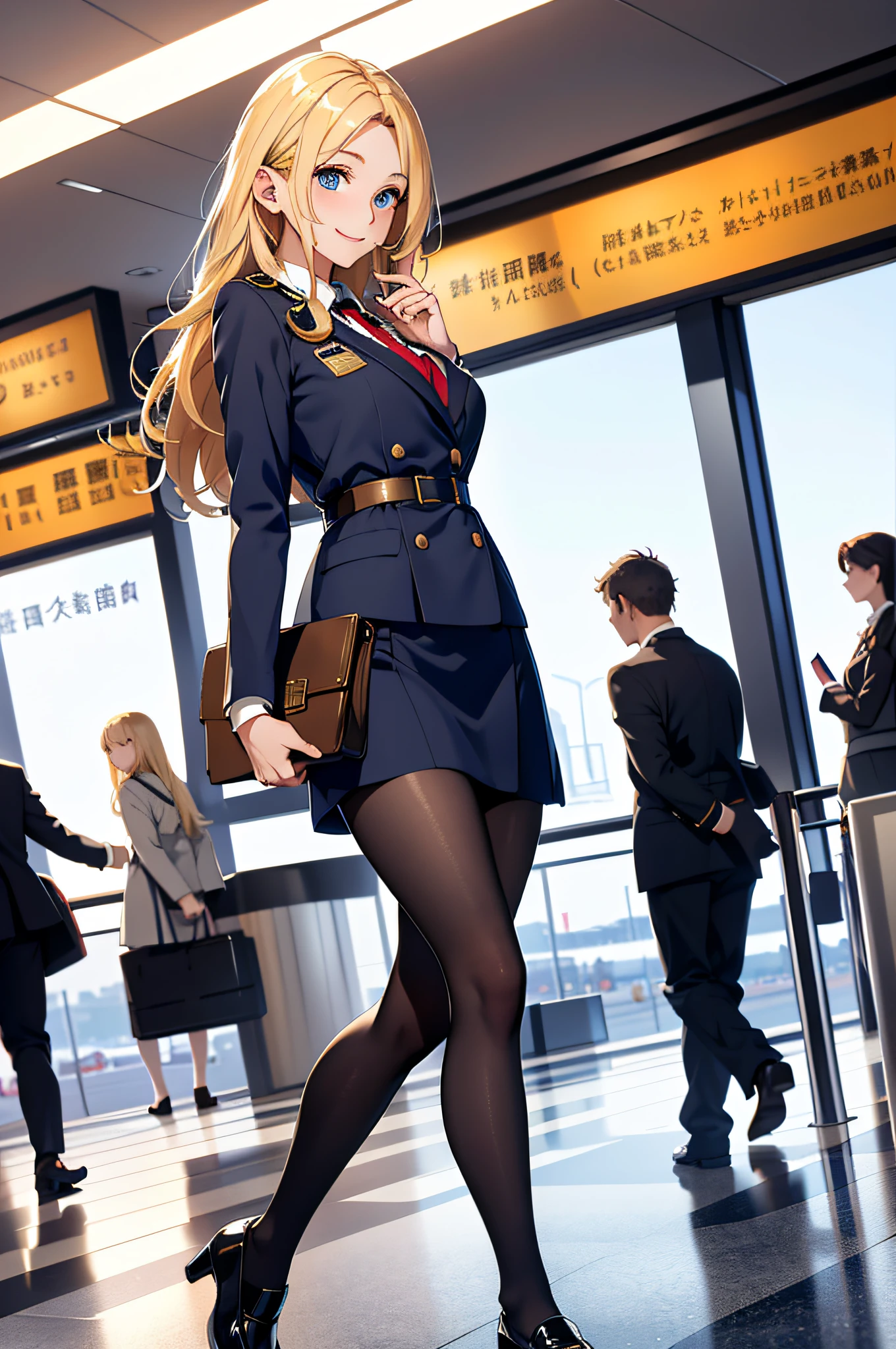 (top-quality、in 8K、32K、masterpiece、UHD、超A high resolution、Impresionismo、Photorealsitic:1.2)、Full body, (airport:1.4)、realistic shadow、beauitful face、blurry backround、16-year-old beautiful girl、shinny skin, Beautiful golden hair、Wavy Hair、Medium Hair、blue eyess、Stewardess uniform、pantyhose、Black shoes、A smile、Carry Case、thighs thighs thighs thighs、
