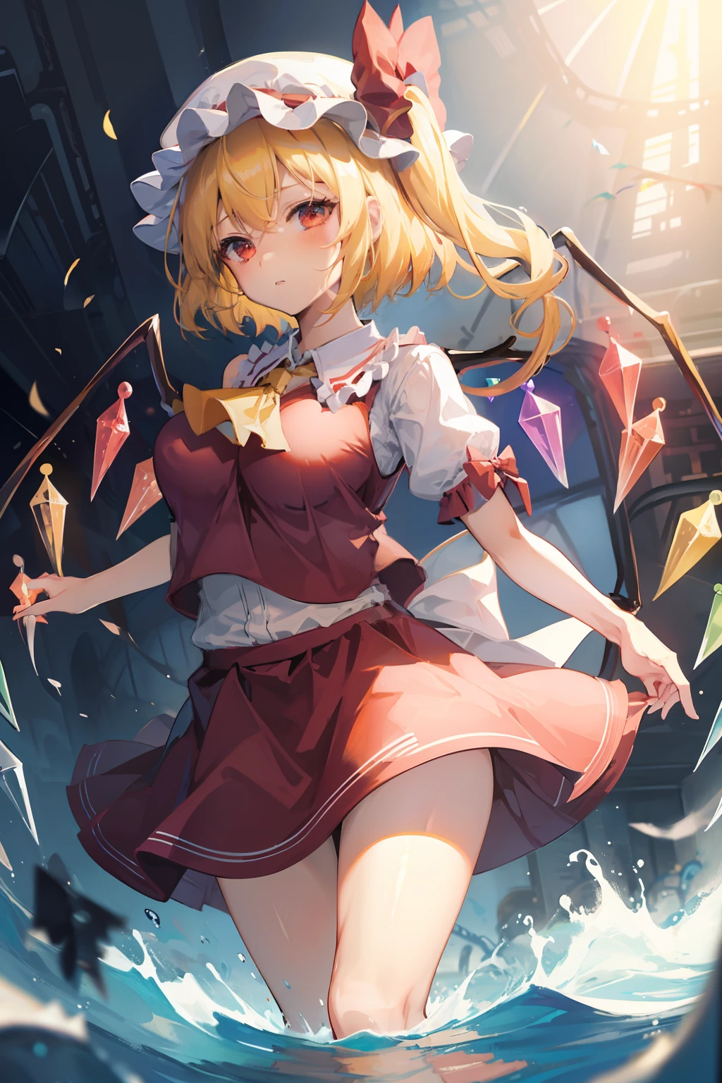 (masterpiece),best quality, expressive eyes, perfect face, 1girl,
big breast, H-cup, good breast, beautiful, gorgeous,anime,girl,lora, floating clothes, tent chest ,
nipple visible though clothes,flandre scarlet,
1girl,blonde hair,mob cap,hair bow,bowtie,side ponytail,wings,short sleeves,vest,ascot,1wings,1 pair of wings,crossing arms, cross arms