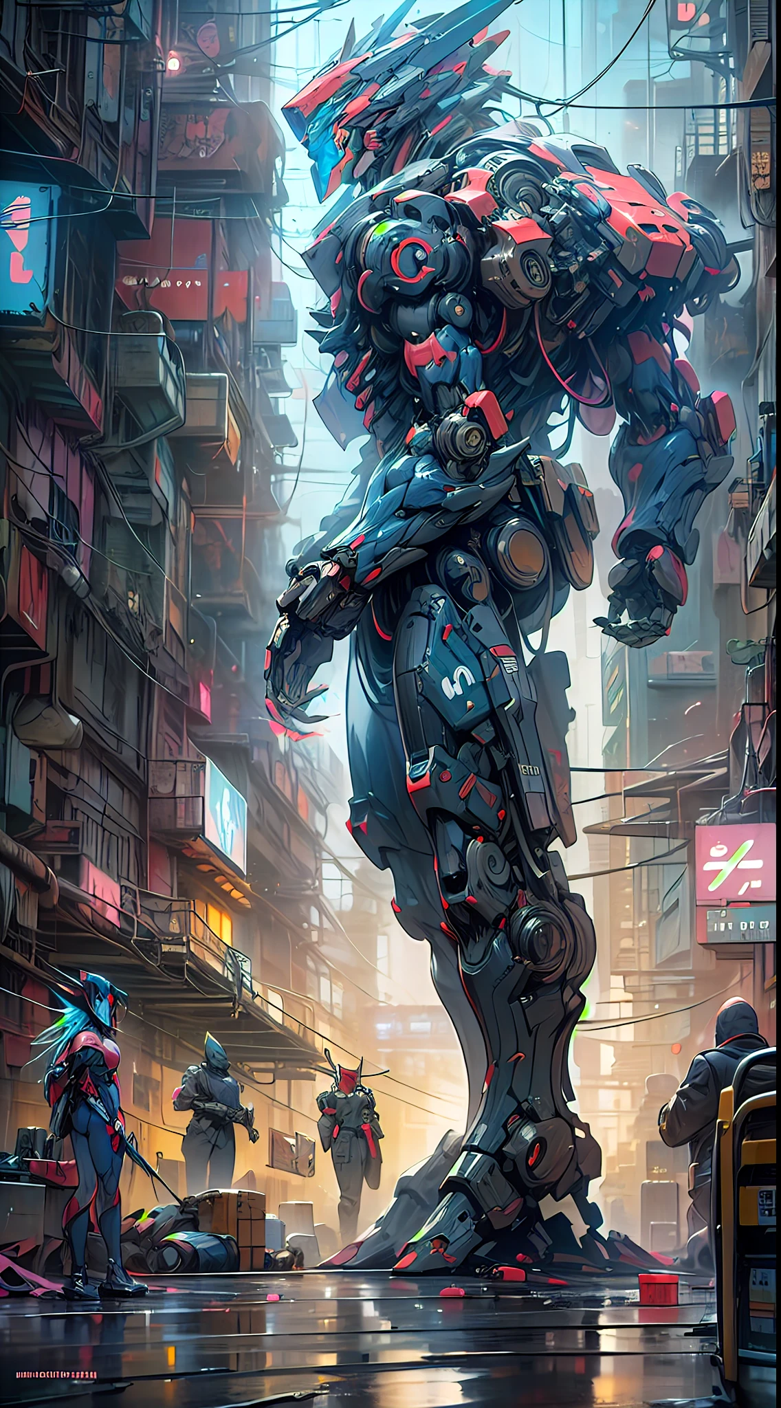 ((A visually immersive Cyberpunk Mecha action scene:1.4)) brought to life with
((Deep and intricate textures, reminiscent of a semi-realistic caustic art style))
inspired by the iconic DC Comics covers in the 90s. This work of art will be a
Stunning digital illustration, capture the essence of cybernetic wonders and
Intense action. The scene will be set in a futuristic cyberpunk cityscape, with
Neon lights and towering skyscrapers, Immerse viewers in a world of
Technology and chaos. Mecha warriors and their high-tech machines will face off
in a fierce and adrenaline-filled battle, showing the fusion of human beings ((Resilience and cutting-edge wick warfare. The artwork will be inspired of the authentic artistic style of Artgerm Lau, Delivering a faithful rendering of the 90s DC Comics covers)), lleno de profundidad y cautivador
Detalles. The goal is to create a visually captivating masterpiece that pays Homage to the golden age of comics while infusing it with the exciting world by Cyberpunk Mecha Action
