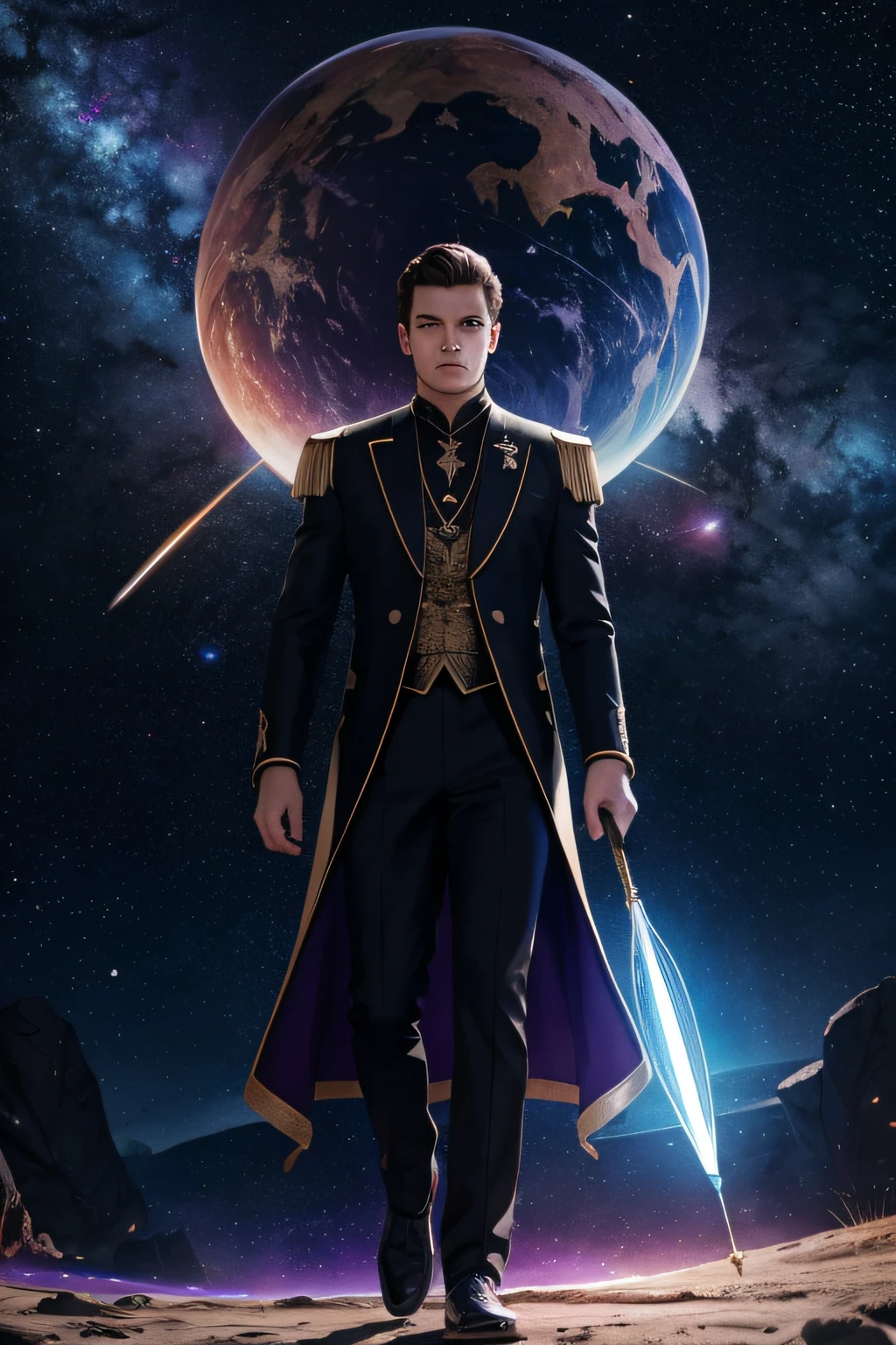 Ûm young 25 years old, Ele usa uma roupa futurista muito colorida, This man walks by the stars in outer space with many stars, Holding Your Magic Staff. Plano de fundo um castelo de cristal iluminado. digital illustation, oil-painting, alta qualidade, dynamic lighting, etherial lighting, Ultra Detalhe, elegante, obra-prima.