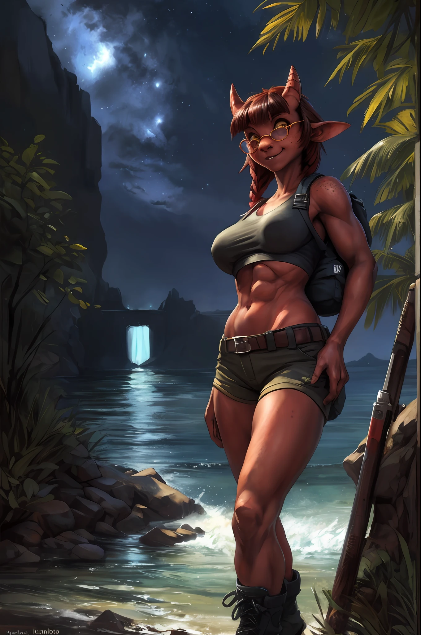 solo, (beautiful female:1.4), (Meru, Merunyaa),  ( fit, abs), busty, (big erect breasts), erect nippleslips,  slim waist,  (red hair),  ( Meru | Lara Croft ), (((female))),  red body, demon tail,  ( kemono :0), red skin, (short horns), Half-nude, 
( khaki shorts ), lightblue crop top, ( two pistols-gans on hips ), (thigh knife strap), wide belt, long braid, ( (red) round glasses :1.2), (red glasses), ( small backpack on her back:1.2), army boots, leather straps on hips and biceps, black leather fingerless gloves,   e621, (female body),  slim sports body, 
 cameltoe,  (body portrait), [slim swimsuit],             
(detailed eyes, detailed pupils, yellow eyes, glowing eyes),
(outdoors),   ocean beach, night, (particles ,firefly, blue glowing), seeker of adventures,
detailed background, photorealistic, realistic hands, 8k HD, high res, hi-res, 
(dark shadows, wide dynamic range, hdr, low light:1.2),
by Pino Daeni, (by ruaidri), (by virtyalfobo), (by Kenket), by iskra, by darkgem, by merunyaa, meru, horns, freckles