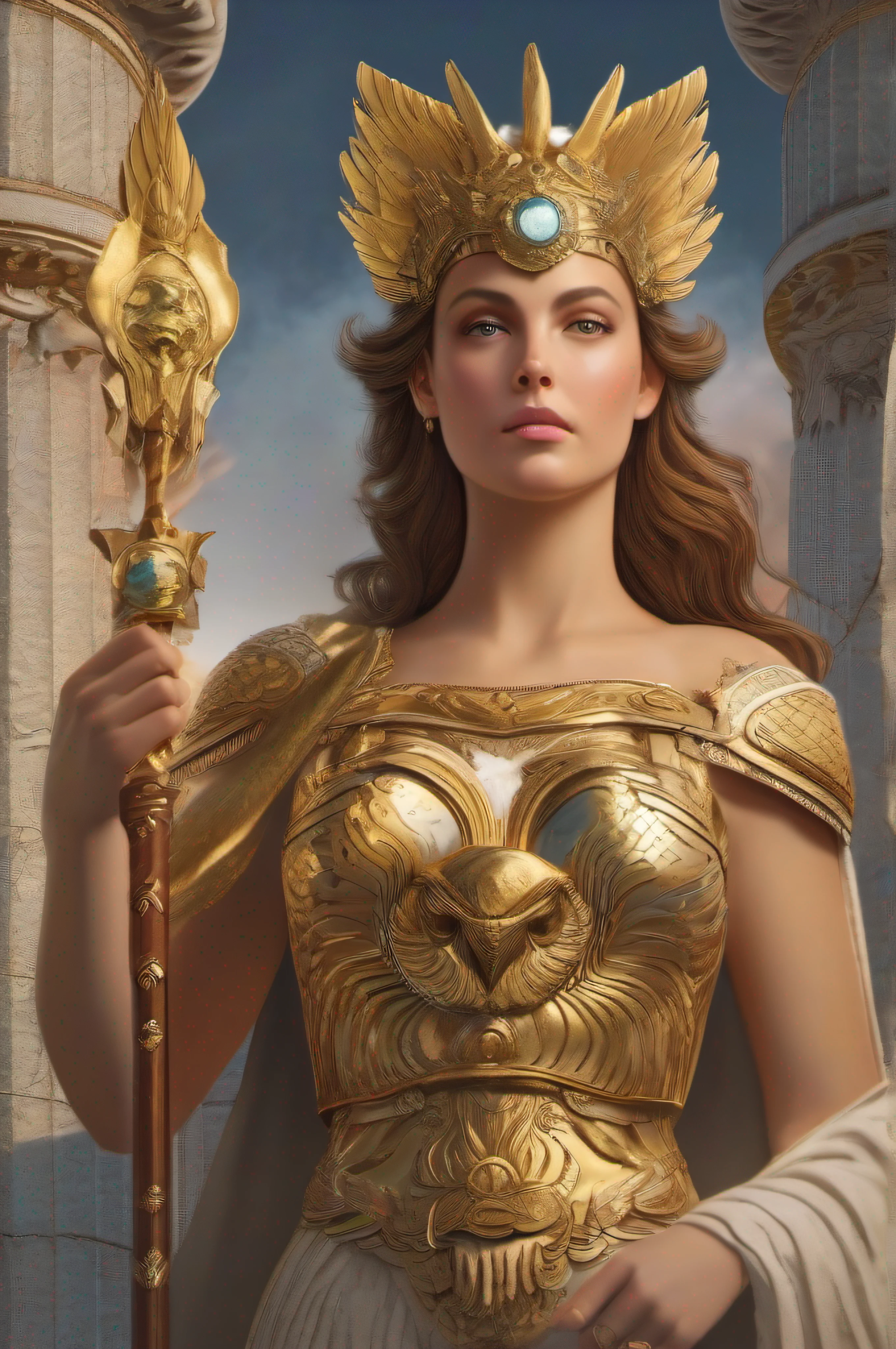 An intricately detailed and grandiose depiction of Athena, front view, the goddess of wisdom and war strategy. She's seen in her glorious golden armor, intricately designed with depictions of various mythological events. Her wise owl perches on one shoulder, its reflective eyes capturing the wisdom she embodies. Athena's gaze is intense yet serene, holding an olive branch in one hand symbolizing peace, and in the other, a golden spear representing her war prowess. Her shield, the Aegis, is detailed with the gorgon Medusa's face. The background holds the view of Athens, her sacred city. The Parthenon is subtly highlighted under a calm evening sky. Hyperrealistic digital art, renaissance aesthetic, elegant color palette