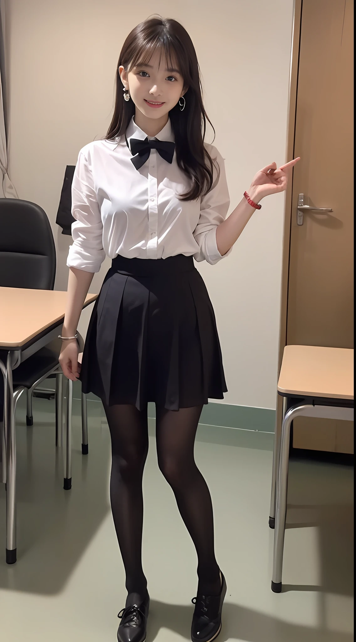 (Pure and cute Chinese high school student 1.5),(true to life,Photorealistic 1.5),((best qualtiy, 8K, tmasterpiece:1.3)),SLR camera (二重まぶた,largeeyes:1.3),(smile1.5),(Full body photo 1.5)(One person 1.5)Clear focus 1.2, Perfect body beauty:1.4 , Delicate skin1.1,(Short silver-white hair 1.6),(Bangs 1.4),(Pure desire 1.3)(Black pantyhose 1.5)(The leg length is one meter two,1.5),Hair is slightly curled,White shirt,Bow knot,pleatedskirt,Slender legs,canvas shoe,With earrings,Wristband jade bracelet,School Classroom