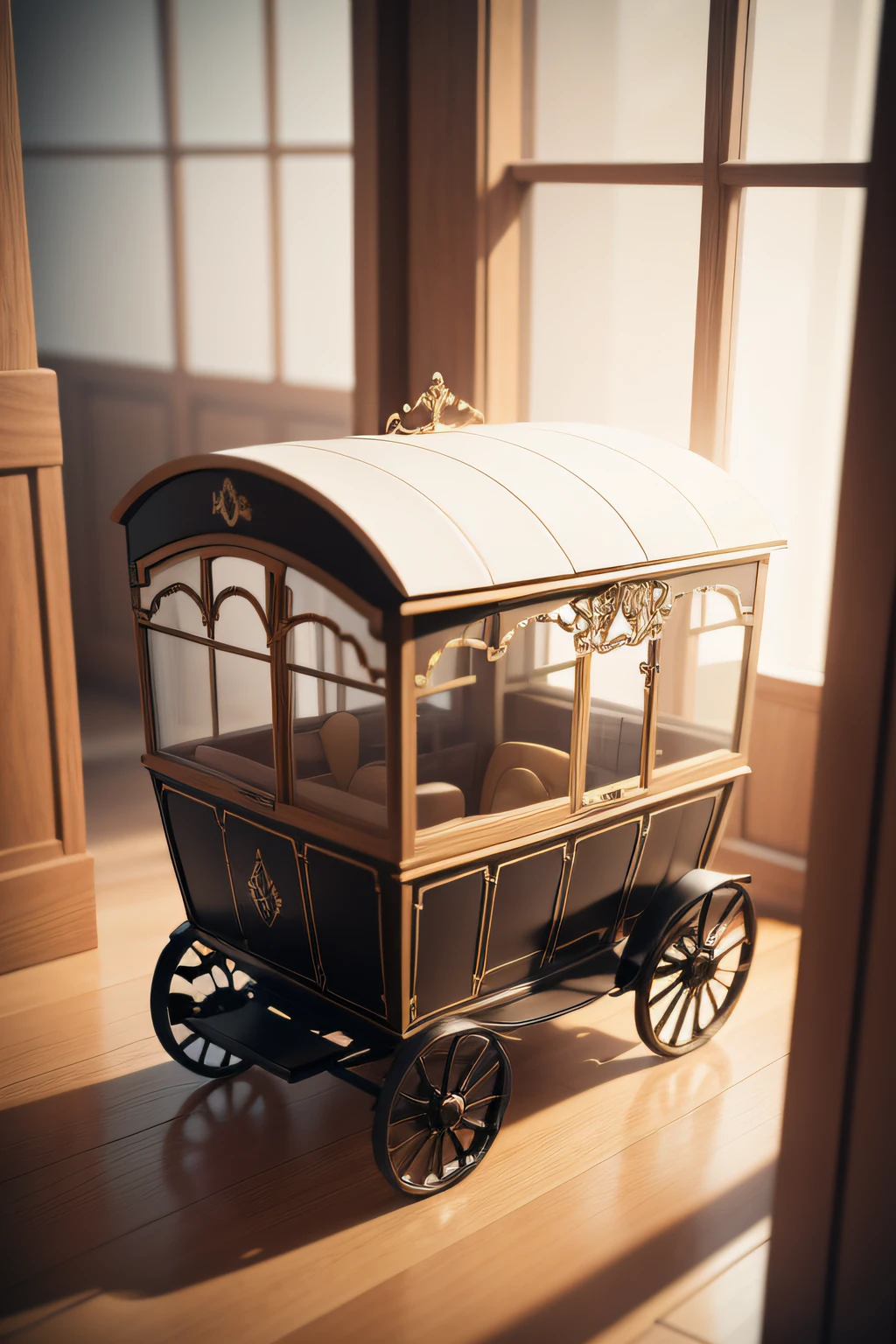 Create a 3D rendering of the carriage from three perspectives to ensure the highest image quality. A tela pede quatro rodas e uma parte vertical da porta da tela, and the window is positioned as a display case with products on display, creating a prosperous visual effect of multiple views, atmosphric perspective, cubismo, best quality, carruagem sendo puxada por uma senhor