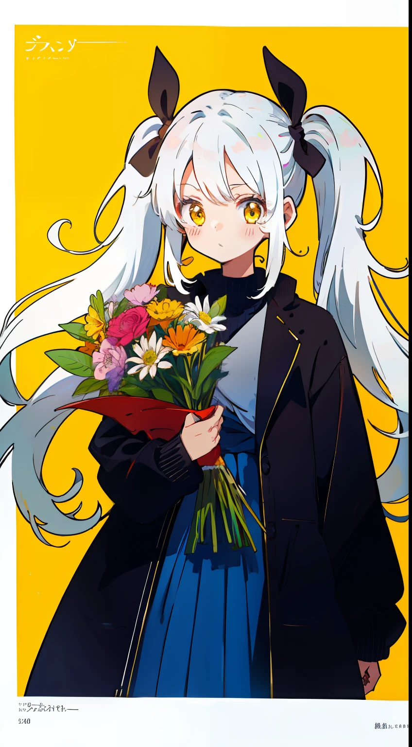 One Girl、white  hair、yellow  eyes、flower bouquet、Single-color background、​masterpiece、top-quality、Top image quality、cute little、２Tsuknot、High twin tails、long-sleeve、onepiece、Smooth、