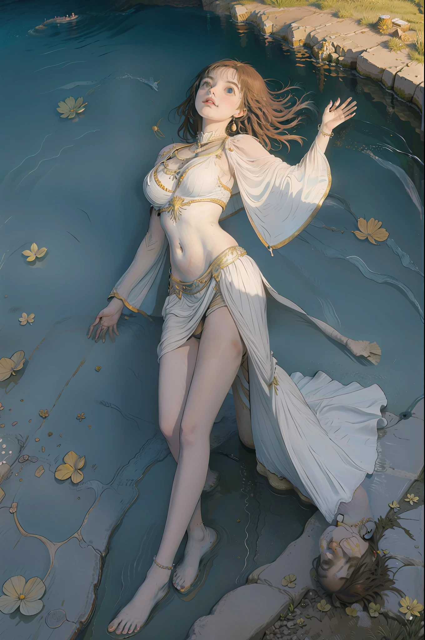 A very beautiful young woman stands in the water of a river and shouts with joy with her hands raised........ (Good Composition) (obra de arte) (Arte expresivo). (((Pechos masivos gigantes)))
