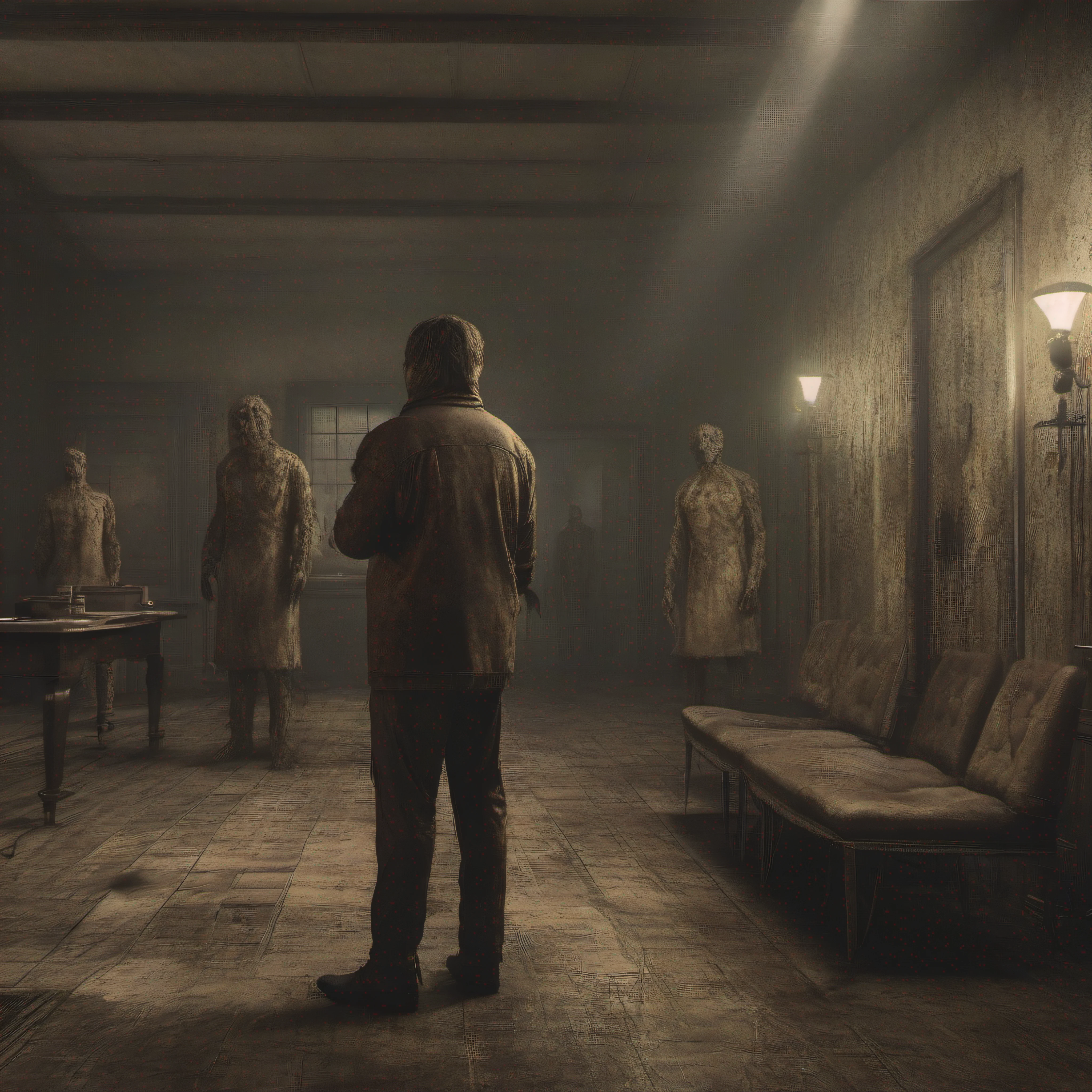 there are many creepy looking men standing in a room, silent hill concept art, creepy backrooms, horror concept art, scary monster statues, creepy art