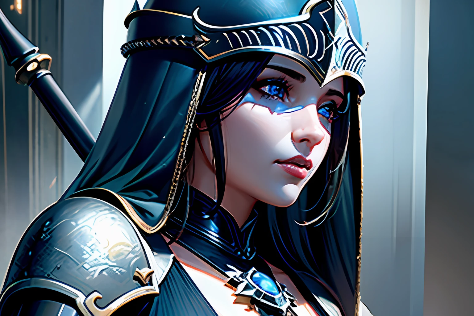 um close up de uma pessoa com capacete e armadura, Cinematic Shadowbringers, cinematic goddess shot, detailed cinematic render, ps5 cinematic screen capture, Elden Ring Cinematic Lighting, detailed cinematic shot, Cinematic Broken Sky, very detailed cinematic, unreal engine render + uma deusa, in-game cinematic, cinematic goddess close shot, highly detailed cinematic