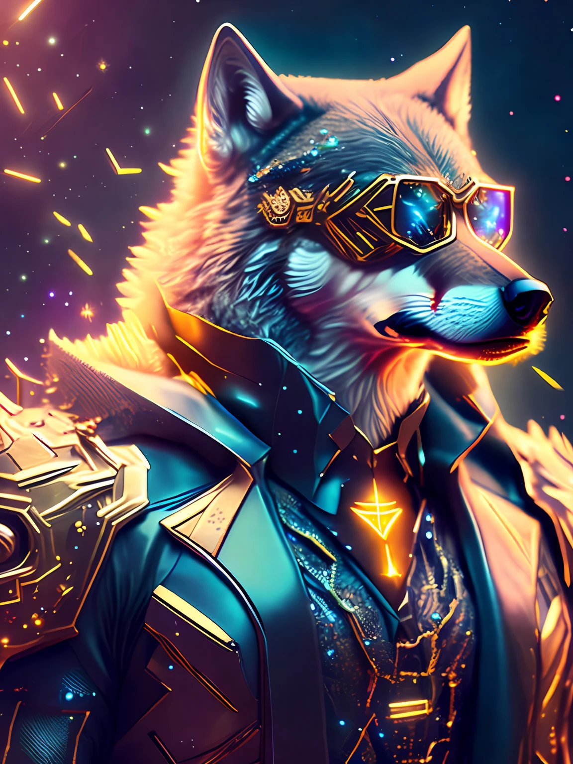 Grim portrait of a wolf in suit and muscle glasses with intricate angular cybernetic implants floating in space, full of gothic gold, Cyberpunk, Foto premiada, Bokeh, neon lights, cybernetic limb