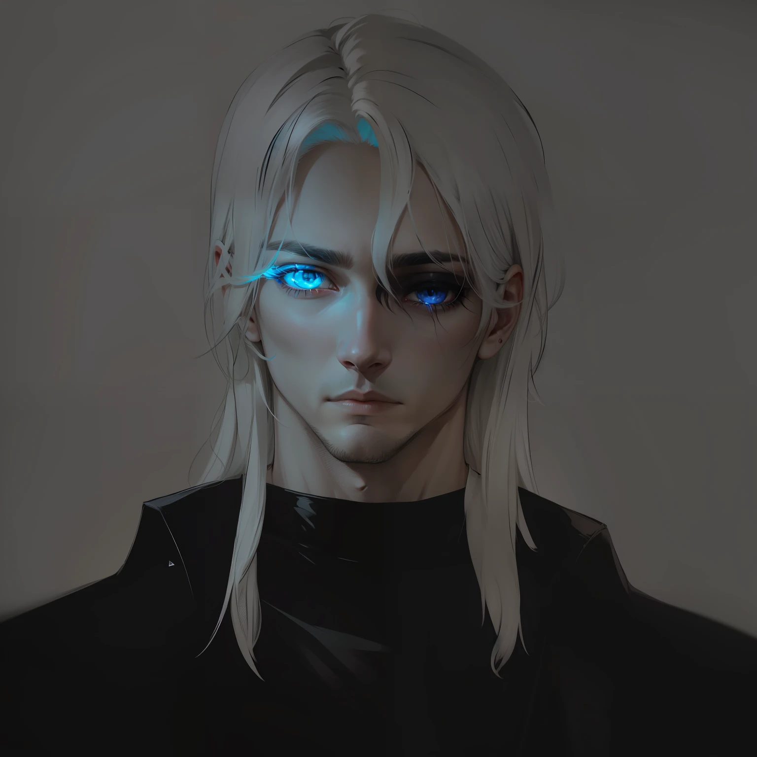 One of his eyes is blue and shines and gives light, the other eye is black and there is nothing in it, half of his face is dark and the other is light, long white hair, high quality, man, h