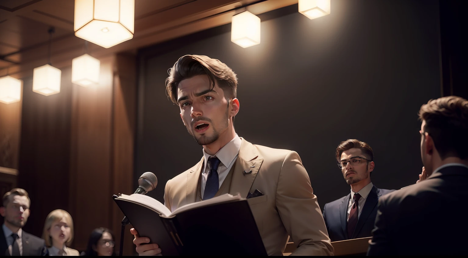 Image of a charismatic speaker giving a lecture to dozens of people. Well-lit environment, focus on the speaker's face.