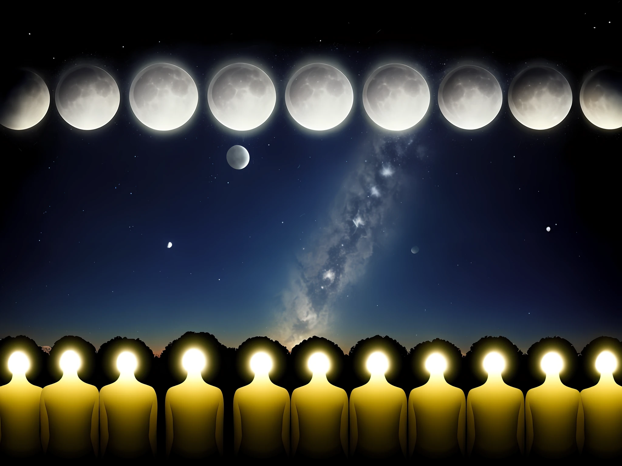 Seven different moons,nigh sky,Feelings of sadness,The back of the person
