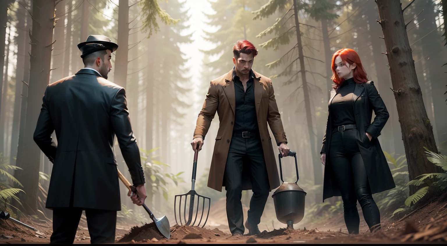 A male detective in brown coat, with a men wearing black shirt, and a women wearing black clothes with red hair, digging ground with shovel, in a forest.