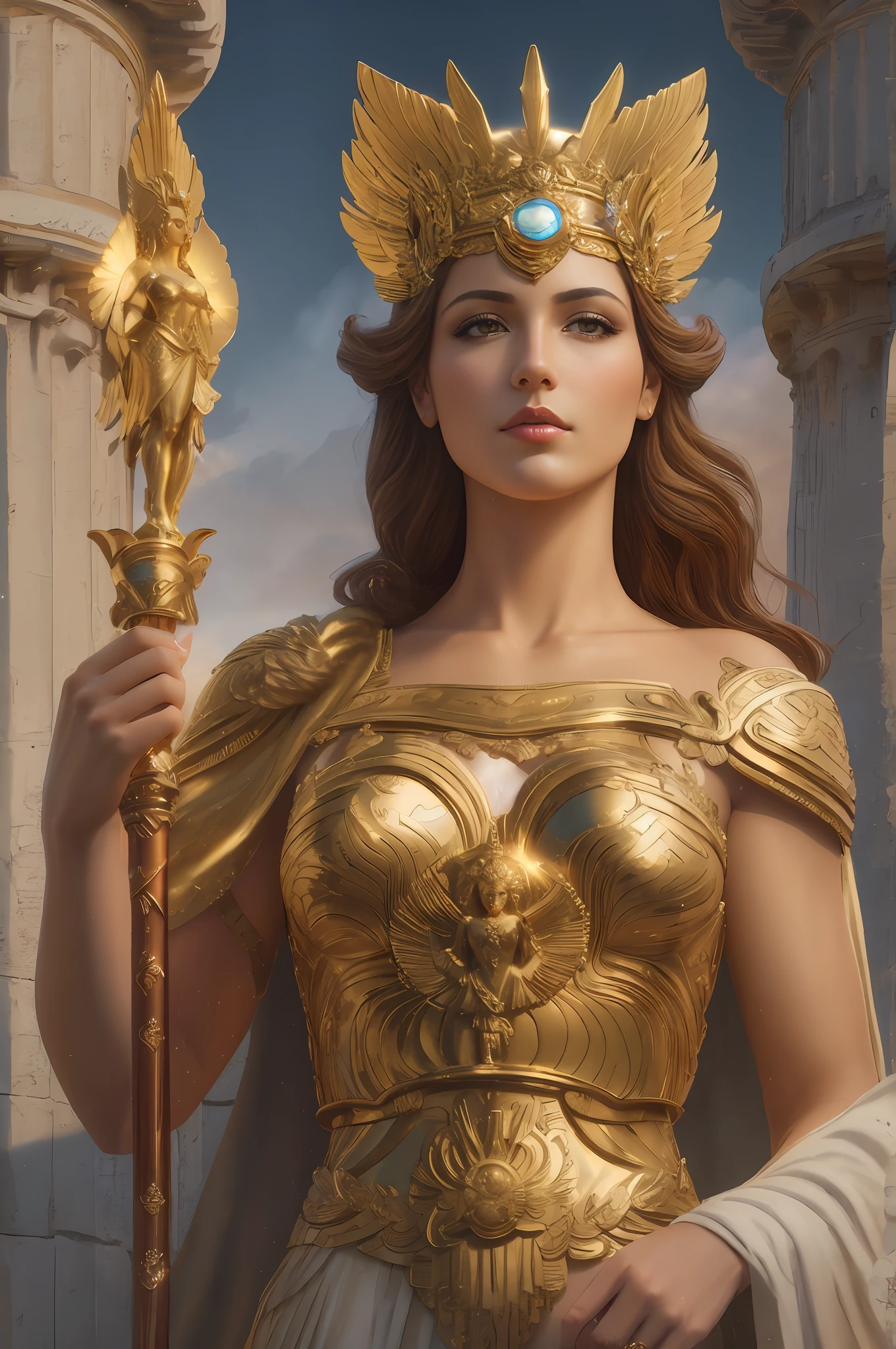 arafed woman in a golden costume holding a golden staff, golden goddess athena, greek goddess athena, athena goddess of wisdom, gorgeous goddess of leo, artgerm julie bell beeple, venus godness athena, the god athena, 3 d goddess minerva, goddess. extremely high detail, goddess of greek mythology, a stunning portrait of a goddess