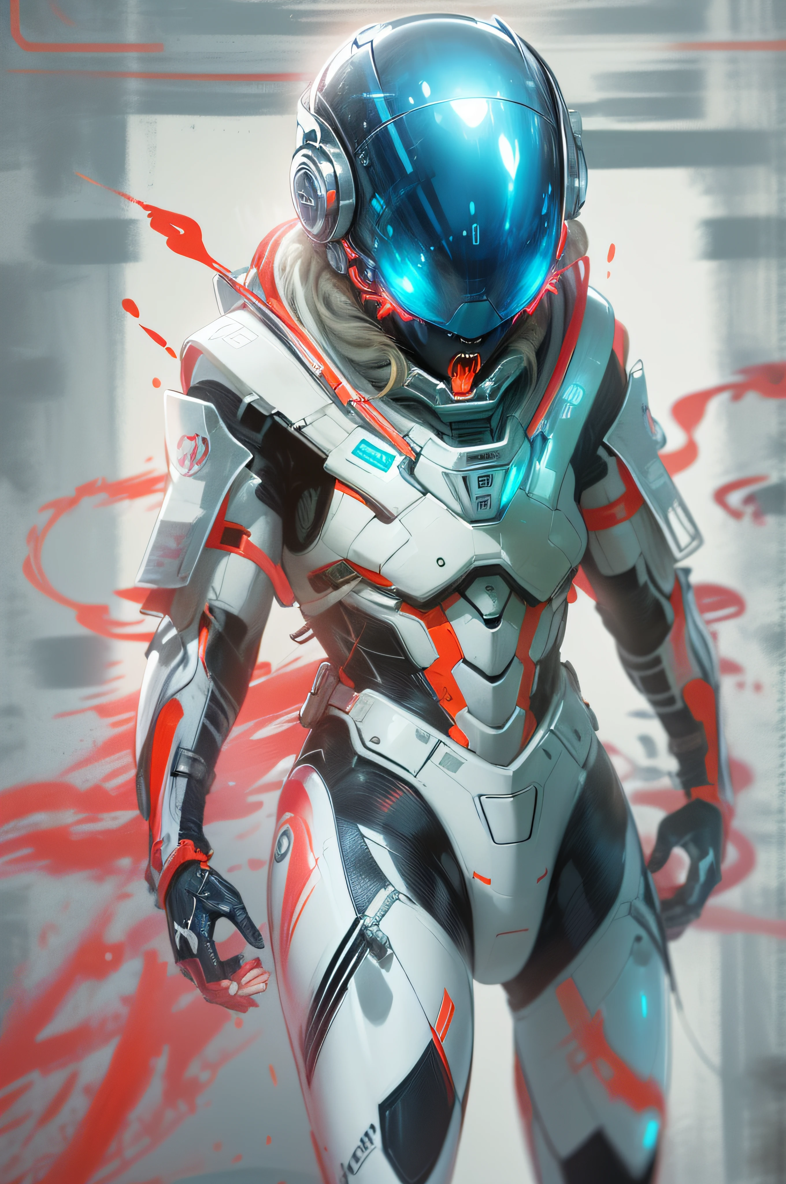 (best quality, ultra-detailed, best illustration, best shadow, masterpiece, high res, professional artwork, famous artwork), man in a (white:1,blue:.2 bulky colored carbon fiber nanosuit), long floating samurai white ponytail,nanosuit brutul helmet in the shape of skull,futuristic galss visor,red glowing liquid cooling tubes connected to helmet,black background,angry brows
