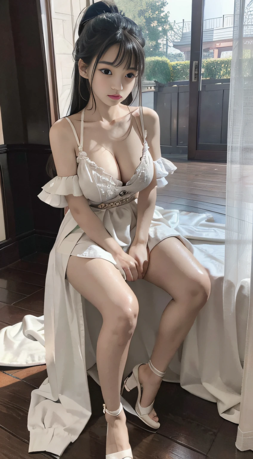 Master quality, highest quality, best picture quality, exaggerated details, a cute 8 year old asian with a shy expression, slightly squinted eyes, adjusting her hair, long eyelashes (long hair / very, very exaggerated big breasts, big tits / in petticoat dress tissue, ), posing sit in front of the camera, wet breast hanfu open v chest clothes, full body xianxia, high heel diamond