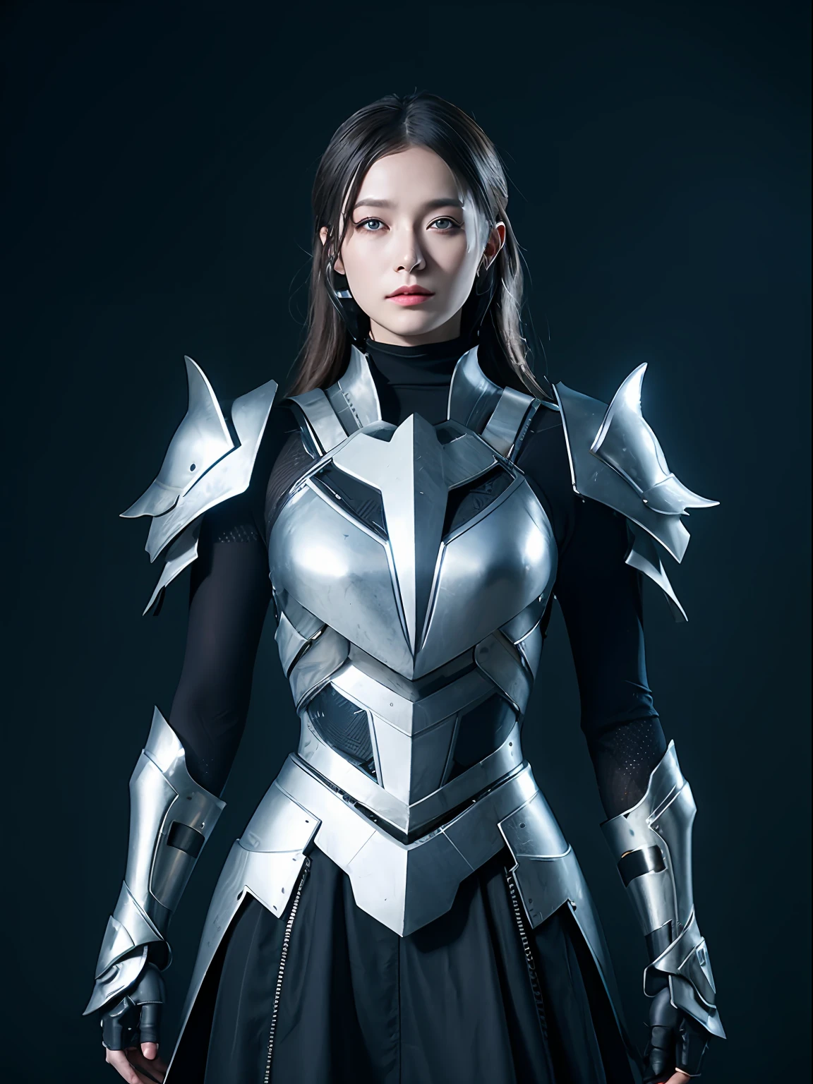 Surrounded by glowing butterflies,Masterpiece, Best quality, high resolution, 8K, Portrait, Realistic photo,( Combine clothing with Korean fashion design),Digital photography, full bodyesbian, 1 16-year-old girl, (Cyborg), Beautiful blue-gray gradient long hair, Blue eyes, iintricate, Highly detailed, head gear,The crown of evil, Black dress, ,Silver metal exoskeleton armor, Intricate knightly hollow armor,power armour, Openwork design, mechanical structure, Photo pose, Solemn,, Red lips, From the movie《Final Fantasy XV》.Metallic texture, oc rendered,Reflective texture, ((Clothing cutting)), background inside dark,