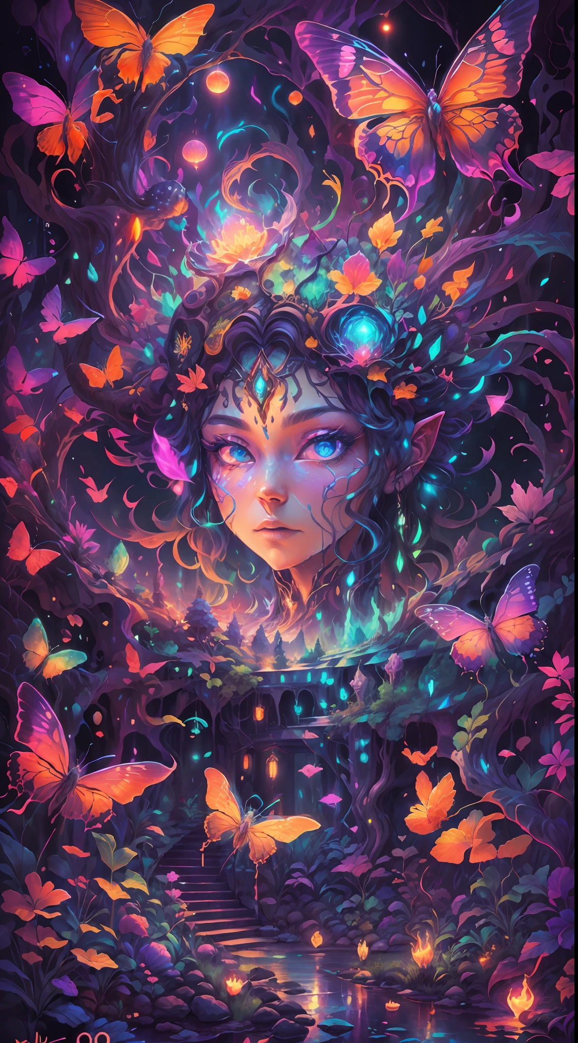 Thrilling dreams， ultra-realistic realism， abstracted， psychedelia, tmasterpiece，PsyAI, （tmasterpiece，best qualtiy：1.2），illustration，8k wallpaper，Dazzle，（Portals：1.1），（Otherworldly creatures：1.2），（magic energy：1.1），（floating debris：1.05），(glowing third eye:1.1), butterflys，florals， (strong lights:1.05), (illumination:1.05), (fantasy:1.15), (hyper realisitc:1.1), (mistic:1.05), (intriguing:1.05), (Ethereal:1.08), (mistic:1.1), (cosmic:1.05), (interdimensional:1.1), (unearthly:1.05), (spellbinding:1.1), (Unforgettable:1.05), (Fantasy art: 1.1)，（number art：1.05），（magic realism：1.08），（Epic：1.1），（concept-art：1.05），（highly  detailed：1.1），（cinematic ligh：1.05），（ultra-realistic realism：1.05），（mistic：1.05），（astounding：1.1），（andrey surnov：1.05），（mind bending：1.1），（big breasts enchanting：1.05），（Unbelievable：1.05），（otherworldly landscapes：1.1），（breath-taking：1.05 ), (incredulous:1.05), (portal opening:1.05)