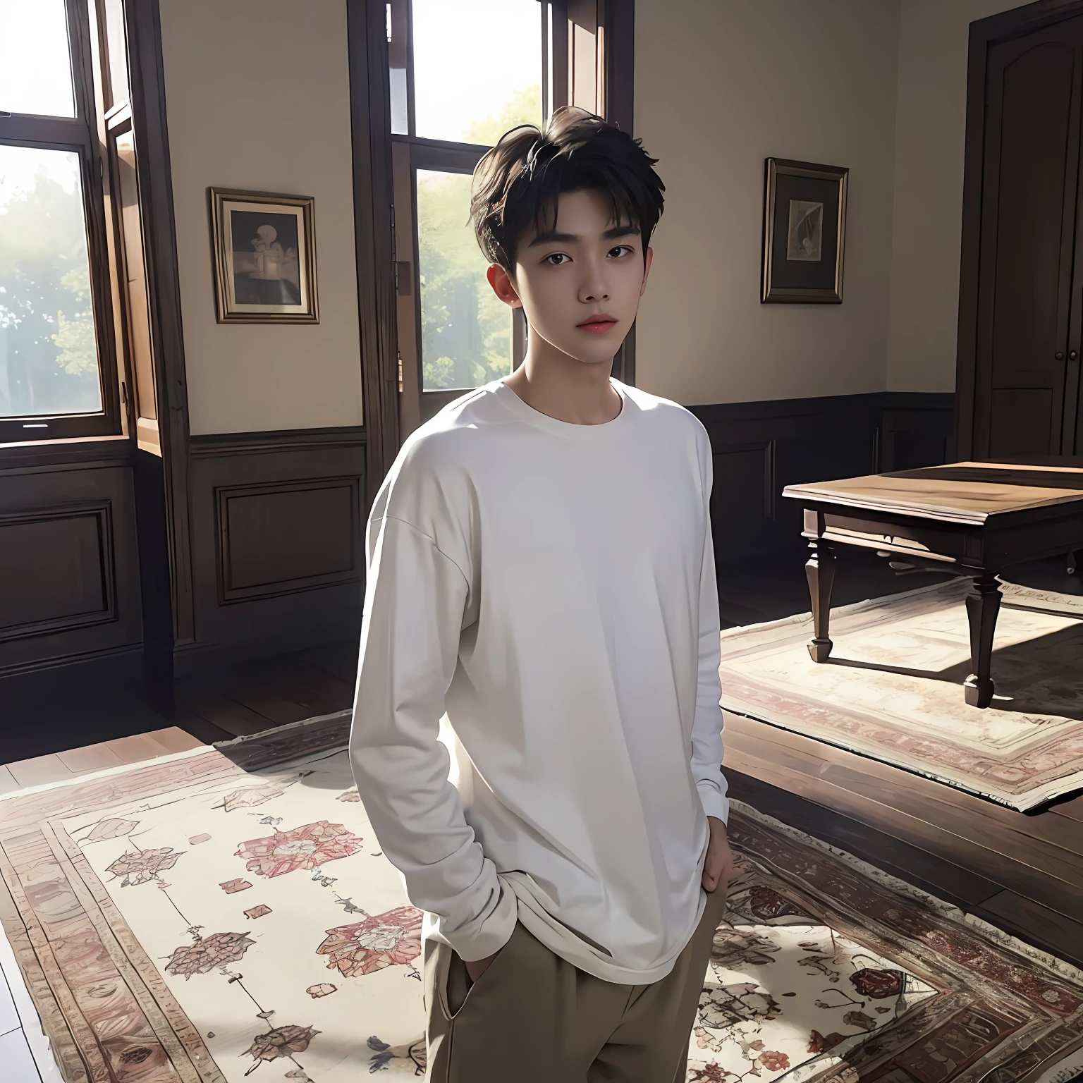 best quality, masterpiece, (photorealistic:1.4), 1boy, solo, short hair, big eyes, white t-shirt ,long sleeves, upper body, dramatic lighting, looking at viewer,(hands behind back:1.2), standing, indoors, living room, tables, carpet, wooden floor, decorations, window, sunshine