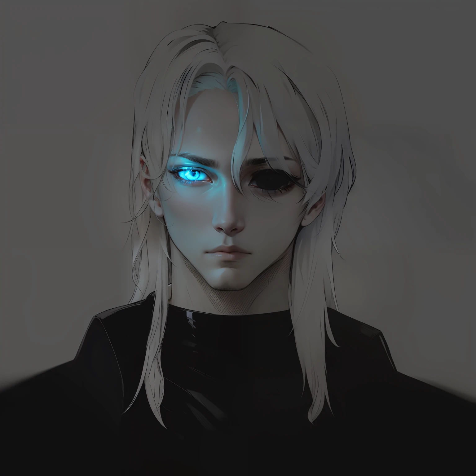 One of his eyes is blue and shines and gives light, the other eye is black and there is nothing in it, half of his face is dark and the other is light, long white hair, high quality, male