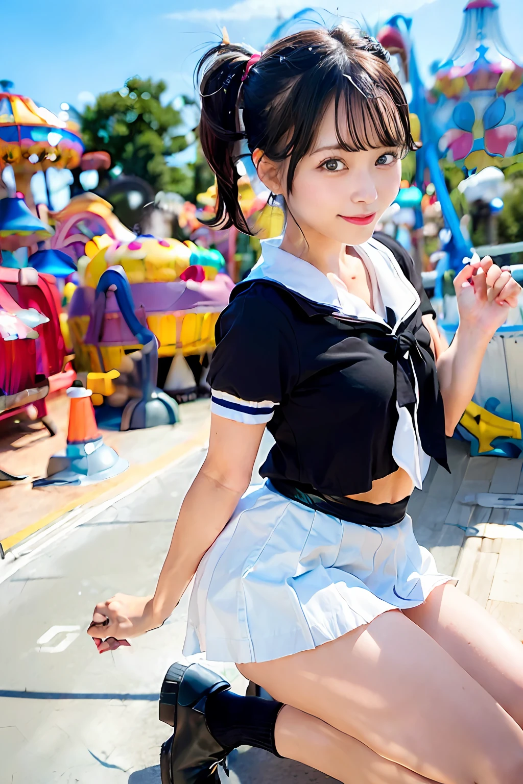 Adults、40 years、Photorealsitic, hight resolution, 1 rapariga, Korea person, Heterochromia eyes, small moles under eyes,Half blonde and half black hair、(top-quality、in 8K、32K、masterpiece、nffsw、ighly detailed、Impresionismo:1.2)、Full body, (amusement park:1.4)、realistic shadow、beauitful face、blurry backround、shinny skin, Beautiful black and pink hair、Blunt bangs、 braided ponytails、Brown eyes、a sailor suit、pleatedskirt、Black socks、Black shoes、A smile、thighs thighs thighs thighs、from the front side、Opening legs、