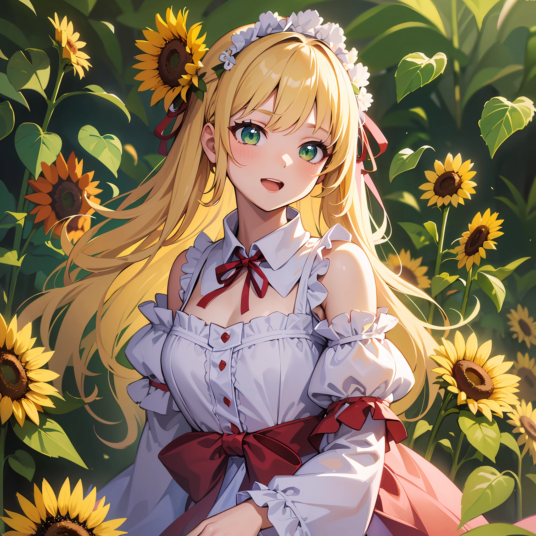(masterpiece:1.3), (best quality:1.3), high resolution, 


dutch angle, overlook view, upper body, 
body facing forward, 

(one cute girl:1.3), solo, 
white skin, small Breast, eight-headed person, 
light yellow hair, long hair, red ribbon, fluffy hair, beautiful hair, green eyes, beautiful detailed eyes, 

open mouth, cheerful smile, 

frilled dress, pink dresses, 

outdoors, flower garden, natural park, sunflower, 

shadowlighting,