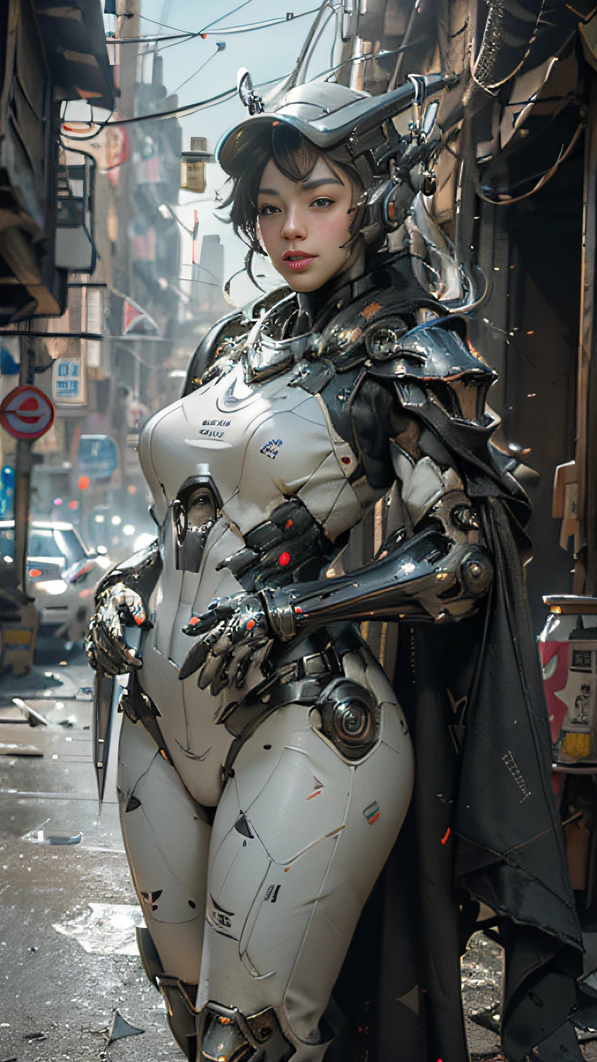 ((best quality)), ((masterpiece)), ((realistic)), (detailed), (photorealistic:1.5), a futuristic girl, (thick body), (white bodysuit), lights on armor, cybernetic headwear, looking at viewer, dynamic pose, post apocalyptic, destroyed city background, buildings on fire, science fiction, hdr, ray tracing, nvidia rtx, super-resolution, unreal 5, subsurface scattering, pbr texturing, post-processing, anisotropic filtering, depth of field, maximum clarity and sharpness, rule of thirds, 8k raw, (luminescent particles:1.4), (extremely detailed cg, unity 8k wallpaper, 3d, cinematic lighting, lens flare), reflections, sharp focus, cyberpunk art, cyberpunk architecture,