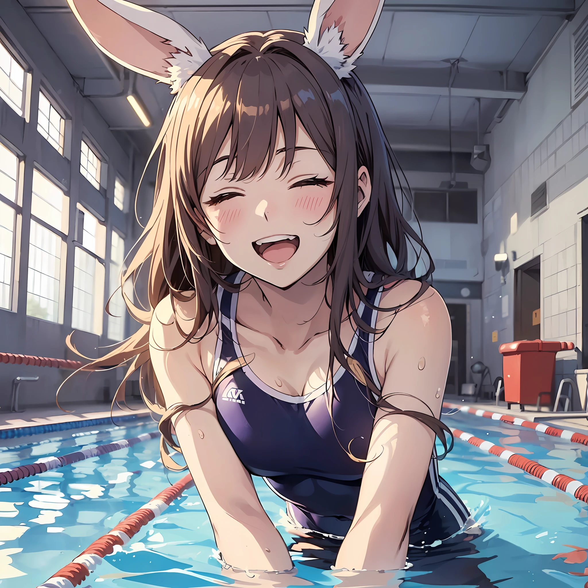 (((Anime style.1.4)))Rabbit-eared girl (Close your eyes and open your mouth to smile:1.3) School swim wear school swimming pool play A delightful