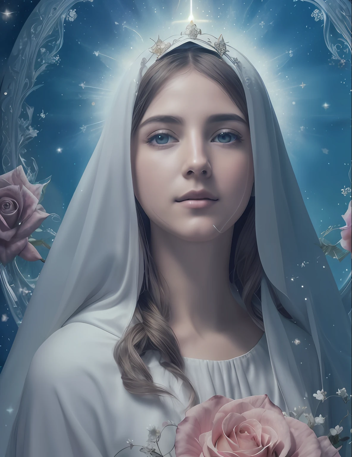 (((Blessed Virgin Mary))) Obra maestra, (La mejor calidad: 1.2), (super fine: 1.2), illustration, (extremadamente delicado y hermoso: 1.2), movie angle, flotante, (Hermoso ojo de detalle: 1.1), (detalle luz: 1.1), Movie Lights, Cielo delicado, ojos azules, (Cola de caballo alta: 1.1), capa, ojuelos, (luna: 1. 2), (Luz de la luna: 1.1), cielo estrellado, (light particles: 1.1) dibujo, flor. (Obra maestra), (La mejor calidad), (fotorrealista:1.3), 8k, Textura detallada de la piel, Textura detallada de la tela, Hermosa cara detallada, Detalles intrincados, Ultra detallado (cuerpo de cuerpo entero:1.2)
