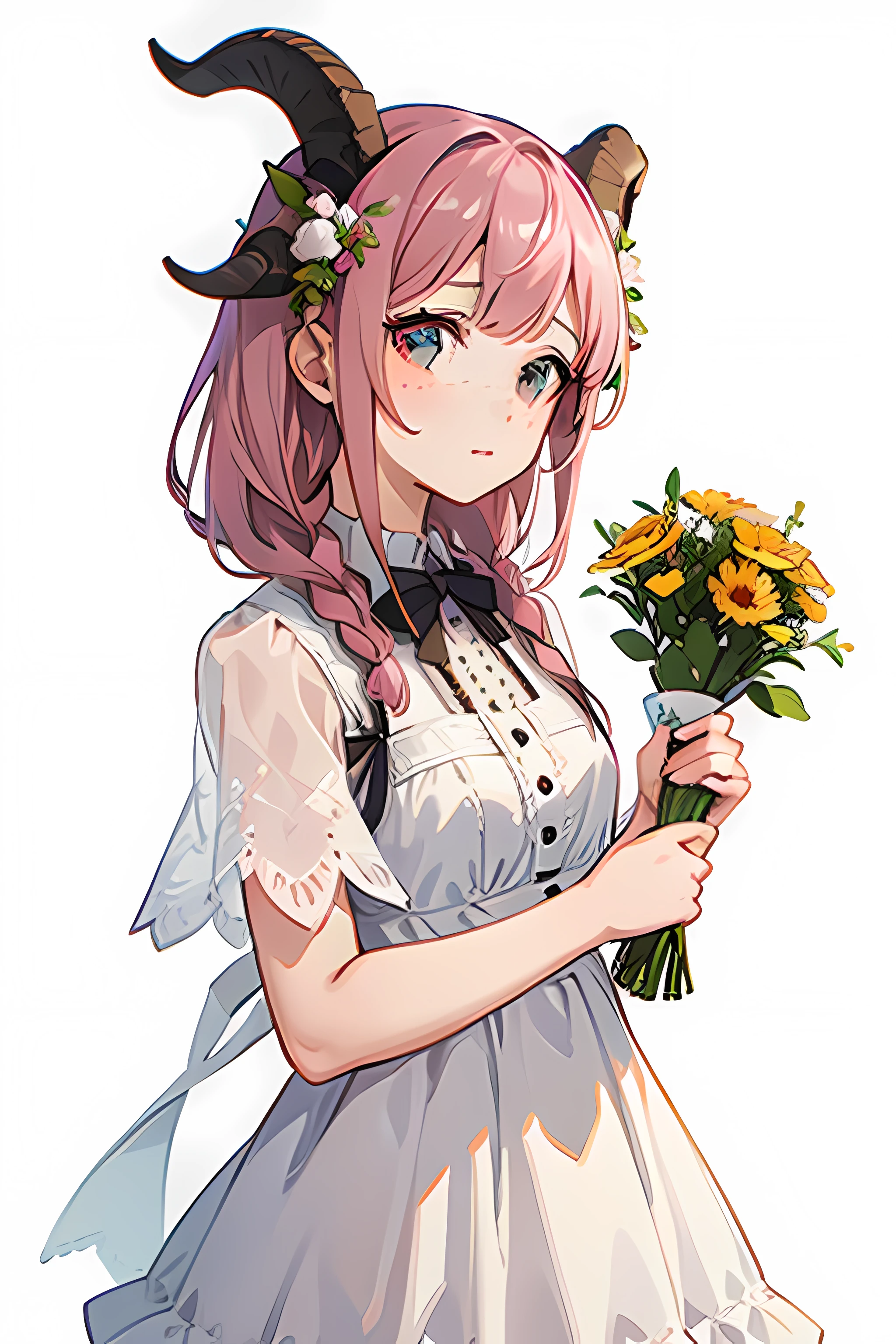 A woman with freckles and flowers on her hair, and goat horns. Wearing a frilly lace dress